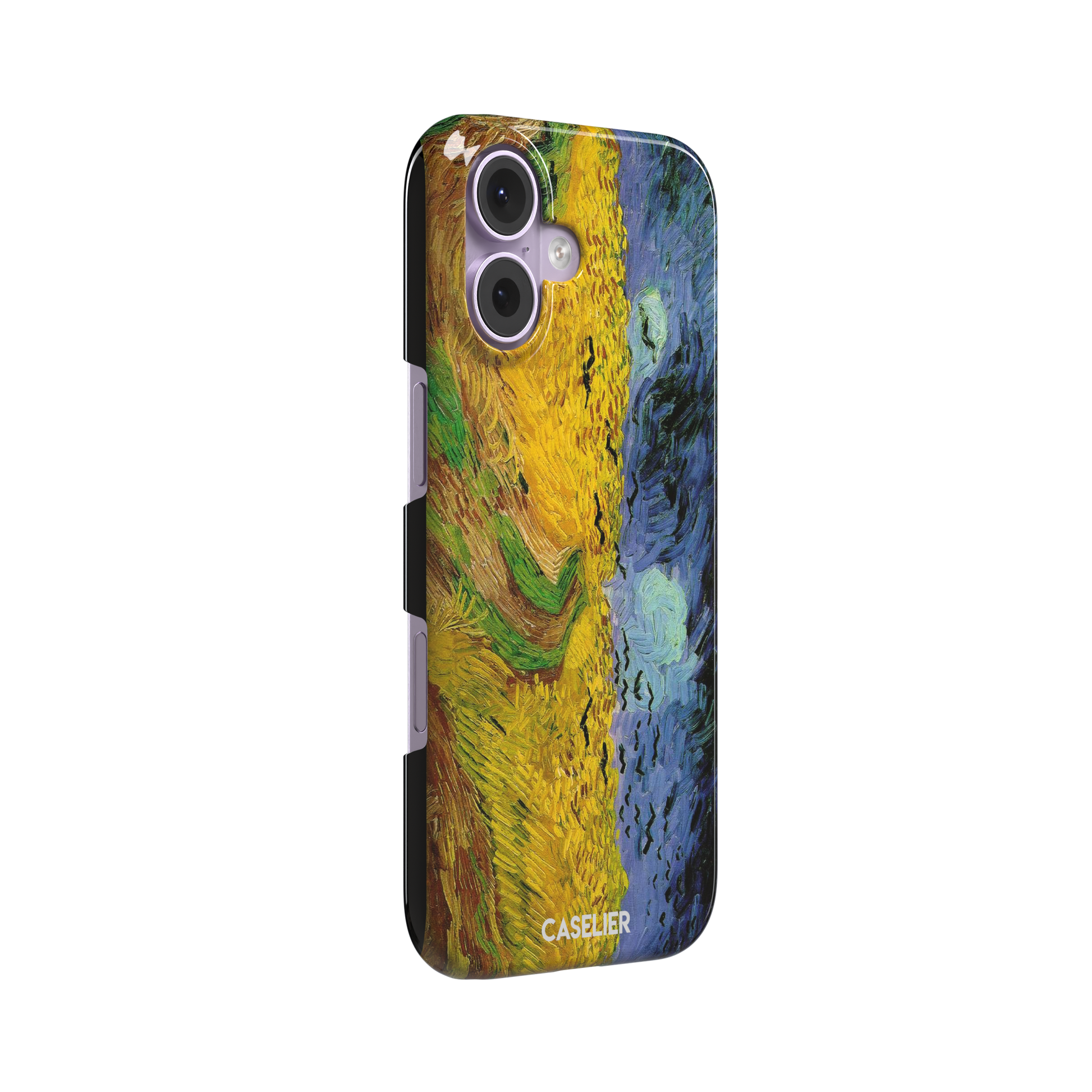 Wheatfields with Crows by Vincent van Gogh phone case showing golden wheat fields, swirling indigo sky and scattered crows in thick impasto brushwork, phone case by Caselier — snap case, left view