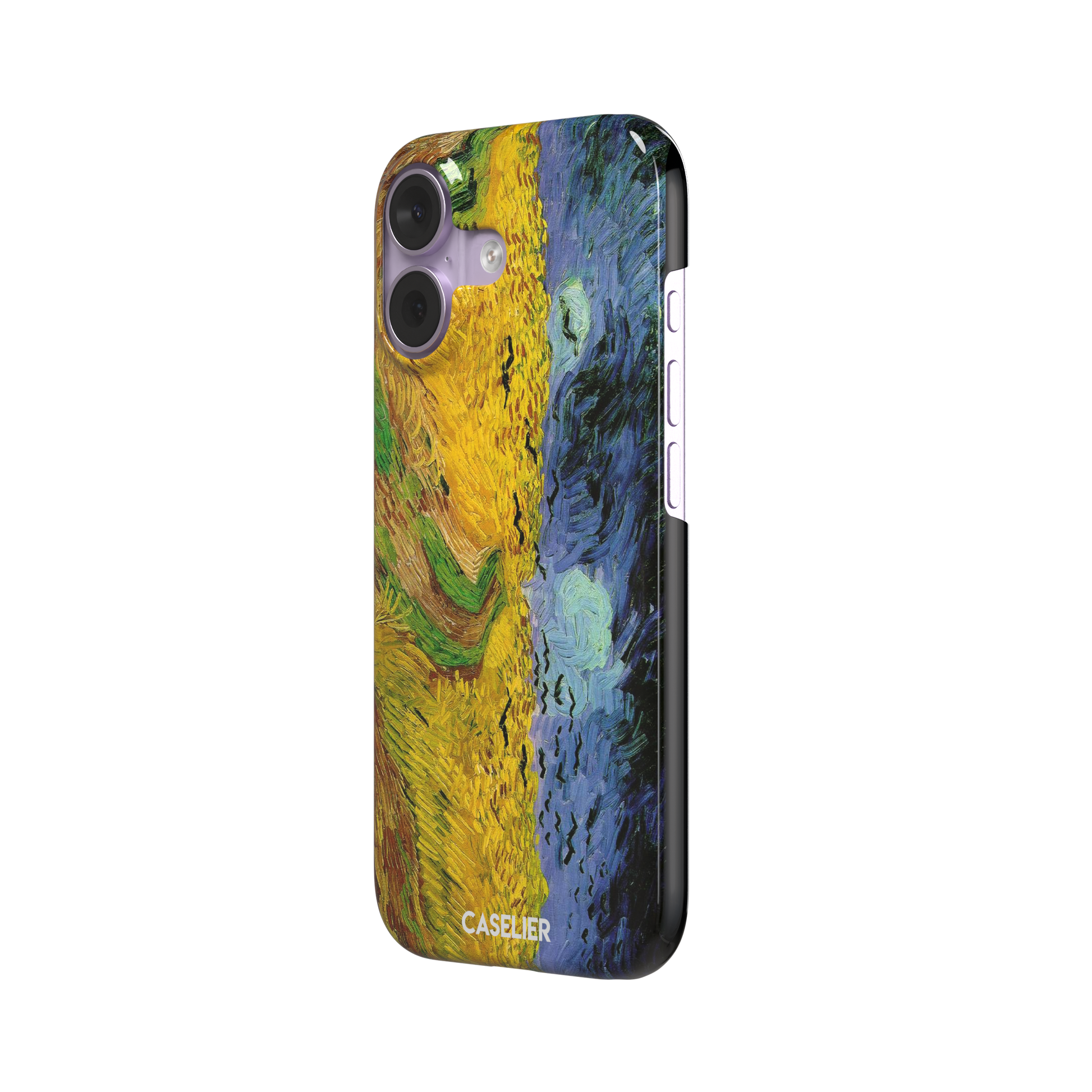 Wheatfields with Crows by Vincent van Gogh phone case showing golden wheat fields, swirling indigo sky and scattered crows in thick impasto brushwork, phone case by Caselier — snap case, right view