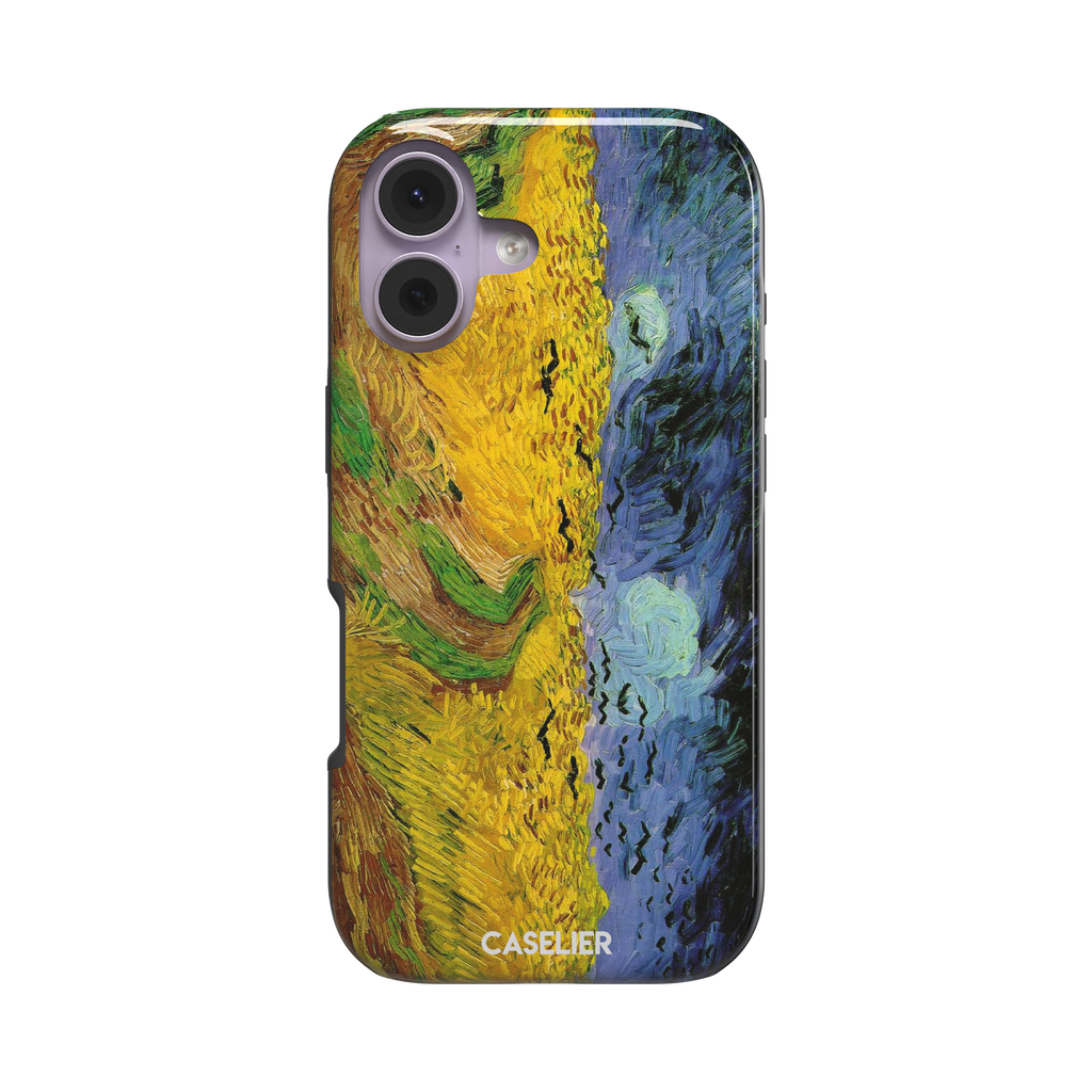 Wheatfields with Crows by Vincent van Gogh phone case showing golden wheat fields, swirling indigo sky and scattered crows in thick impasto brushwork, phone case by Caselier — tough case, front view
