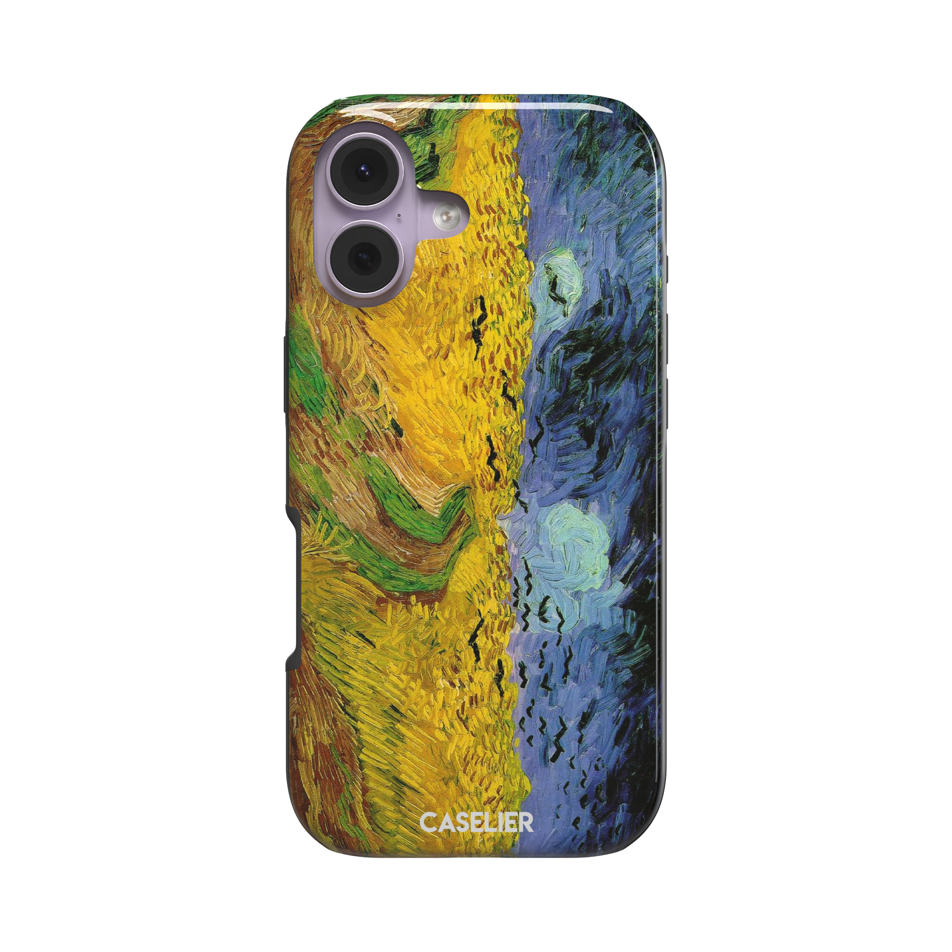 Wheatfields with Crows by Vincent van Gogh phone case showing golden wheat fields, swirling indigo sky and scattered crows in thick impasto brushwork, phone case by Caselier — tough case, front view