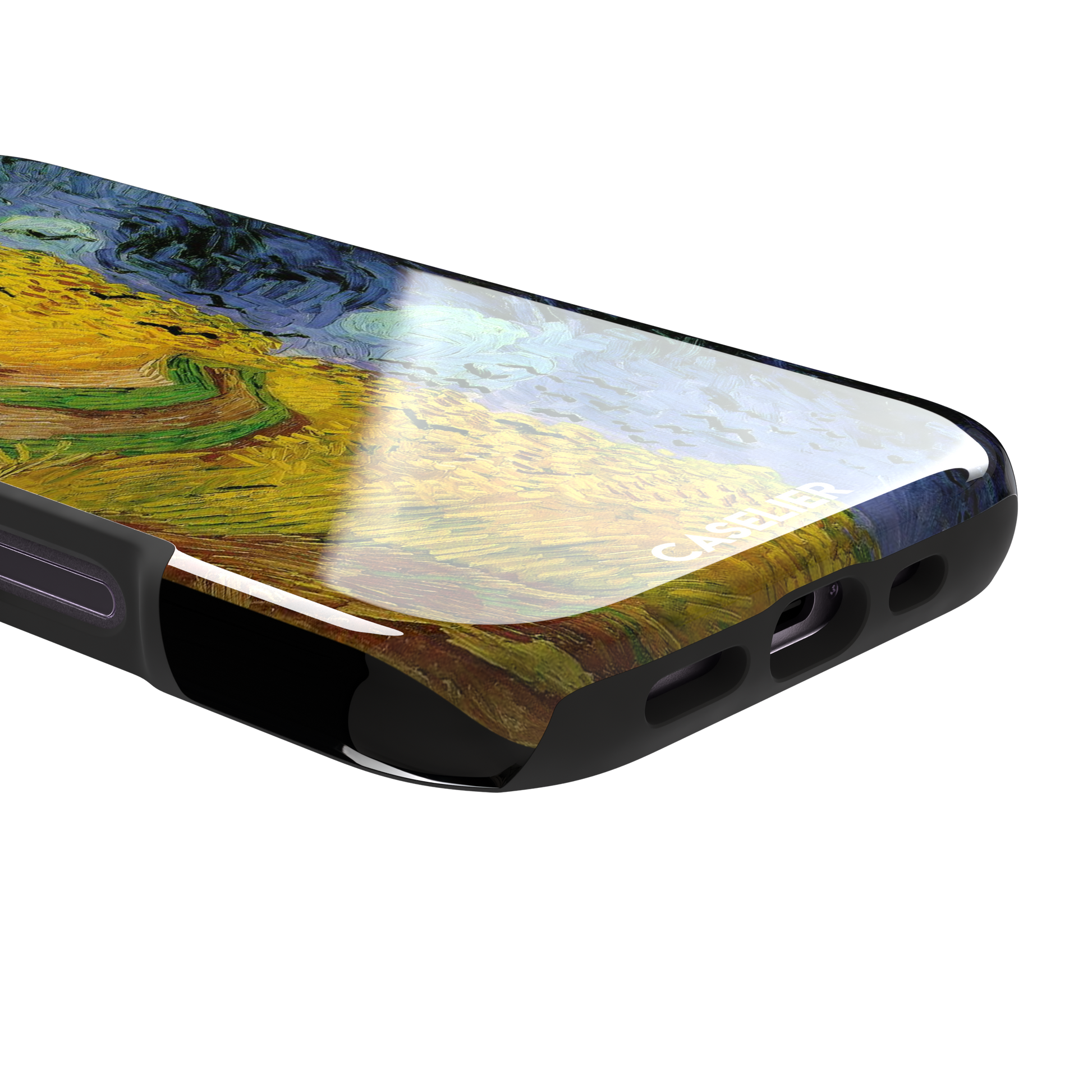 Wheatfields with Crows by Vincent van Gogh phone case showing golden wheat fields, swirling indigo sky and scattered crows in thick impasto brushwork, phone case by Caselier — tough case, charging port detail