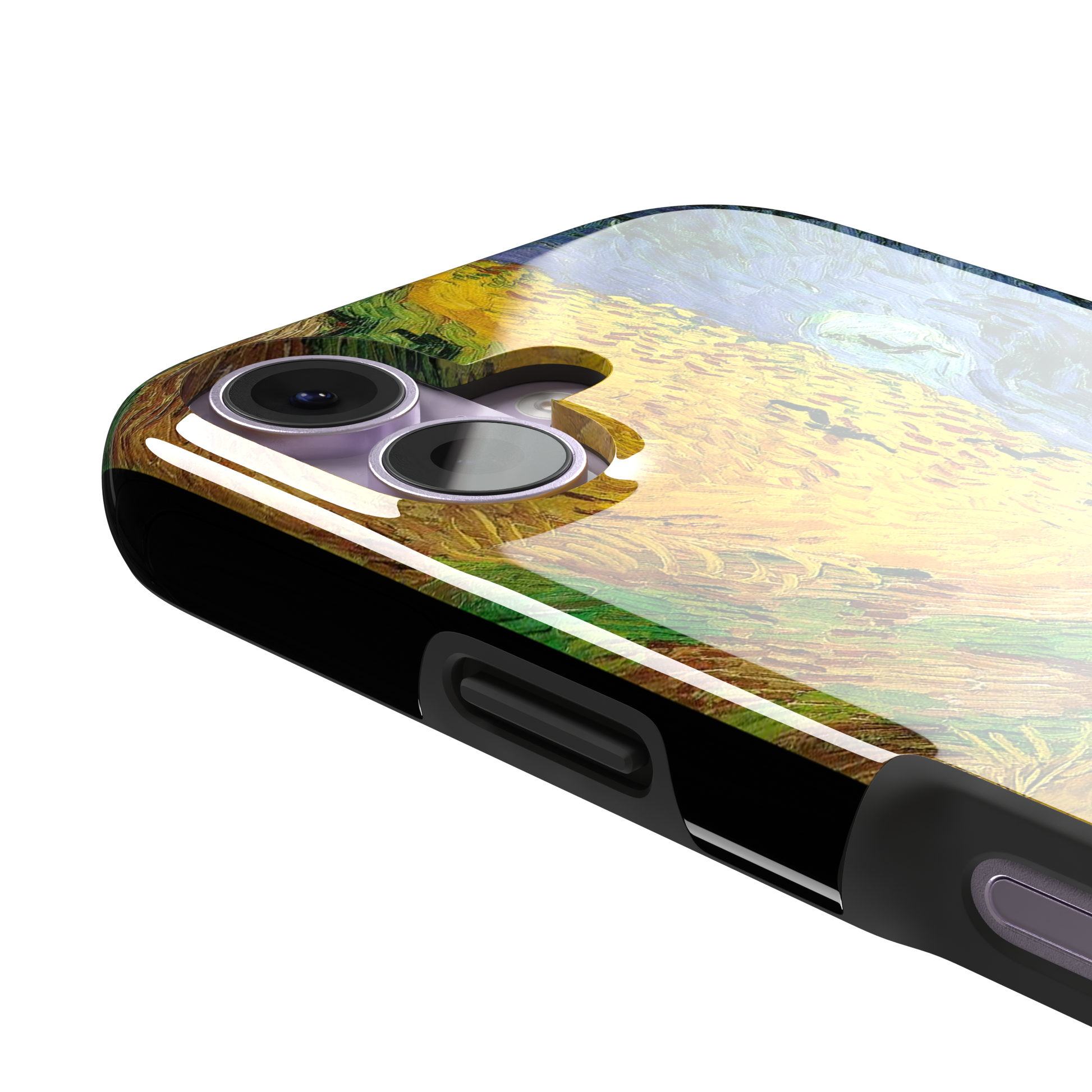Wheatfields with Crows by Vincent van Gogh phone case showing golden wheat fields, swirling indigo sky and scattered crows in thick impasto brushwork, phone case by Caselier — tough case, volume buttons detail