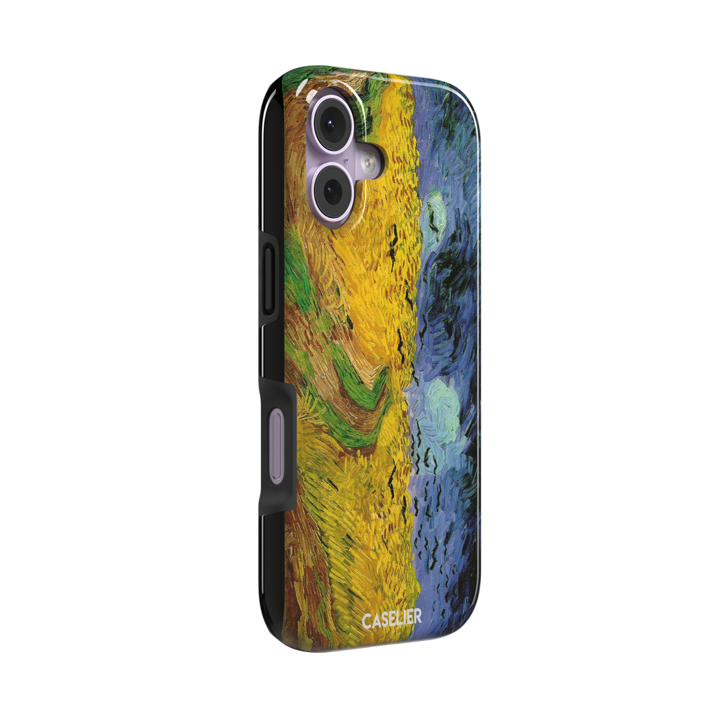 Wheatfields with Crows by Vincent van Gogh phone case showing golden wheat fields, swirling indigo sky and scattered crows in thick impasto brushwork, phone case by Caselier — tough case, left view