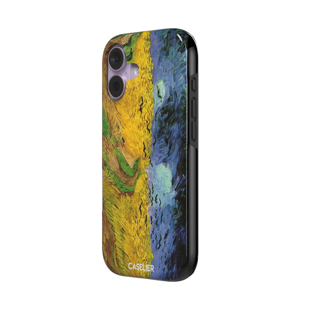 Wheatfields with Crows by Vincent van Gogh phone case showing golden wheat fields, swirling indigo sky and scattered crows in thick impasto brushwork, phone case by Caselier — tough case, right view