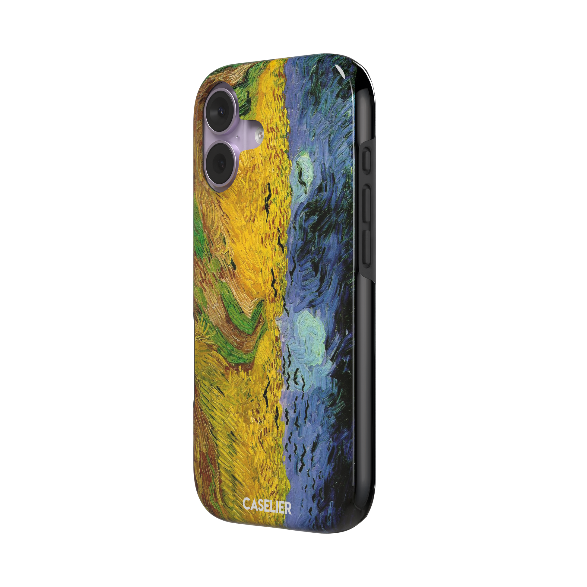 Wheatfields with Crows by Vincent van Gogh phone case showing golden wheat fields, swirling indigo sky and scattered crows in thick impasto brushwork, phone case by Caselier — tough case, right view