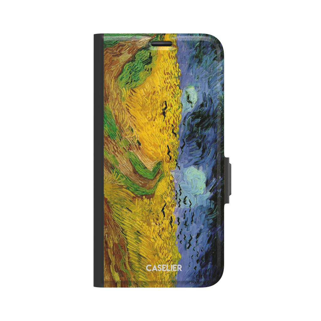 Wheatfields with Crows by Vincent van Gogh phone case showing golden wheat fields, swirling indigo sky and scattered crows in thick impasto brushwork, phone case by Caselier — wallet case, front view