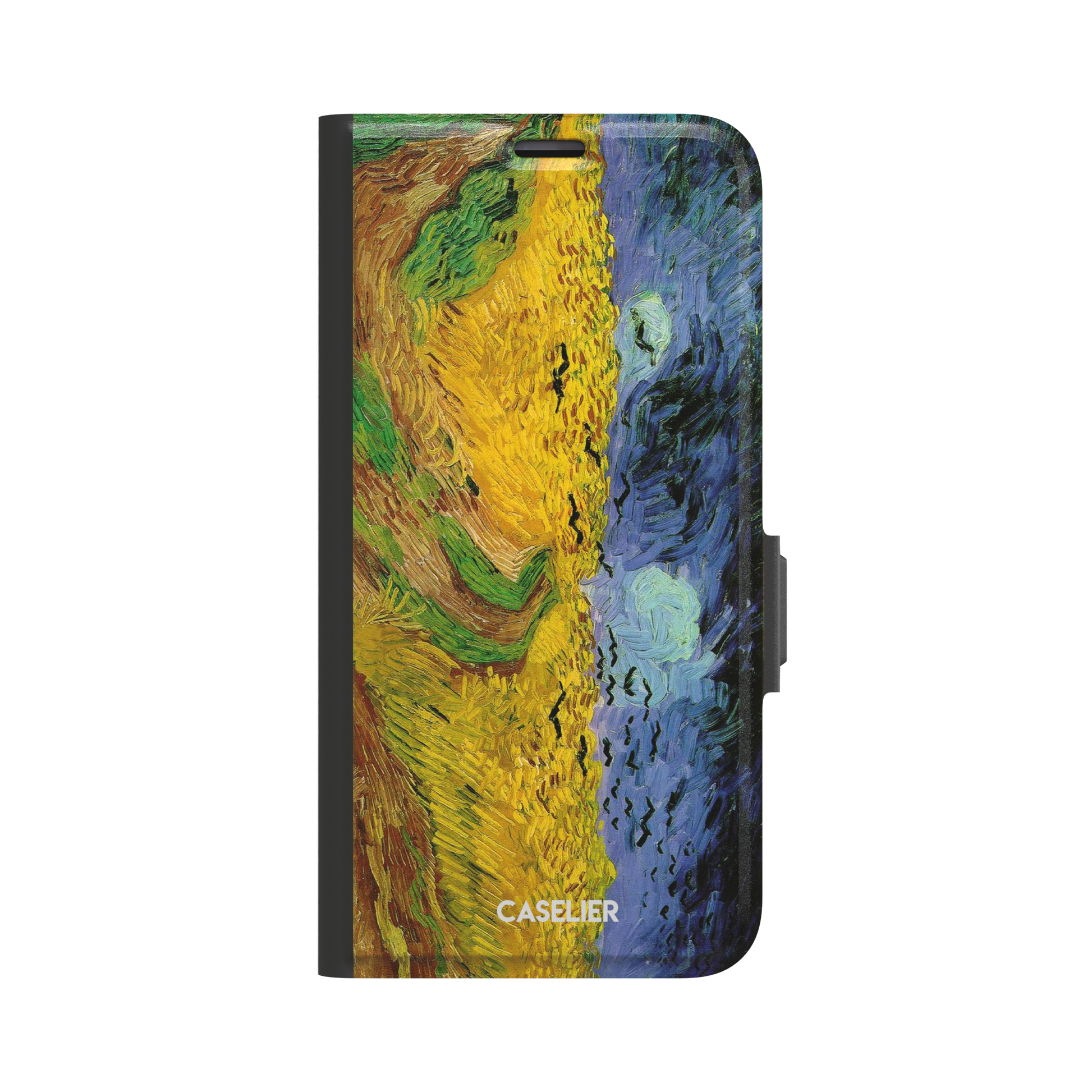 Wheatfields with Crows by Vincent van Gogh phone case showing golden wheat fields, swirling indigo sky and scattered crows in thick impasto brushwork, phone case by Caselier — wallet case, front view