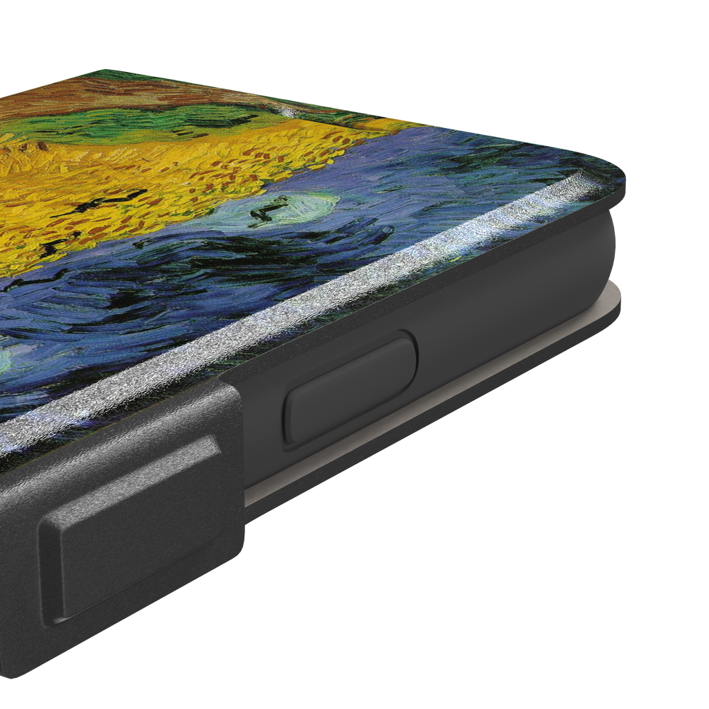 Wheatfields with Crows by Vincent van Gogh phone case showing golden wheat fields, swirling indigo sky and scattered crows in thick impasto brushwork, phone case by Caselier — wallet case, volume buttons detail