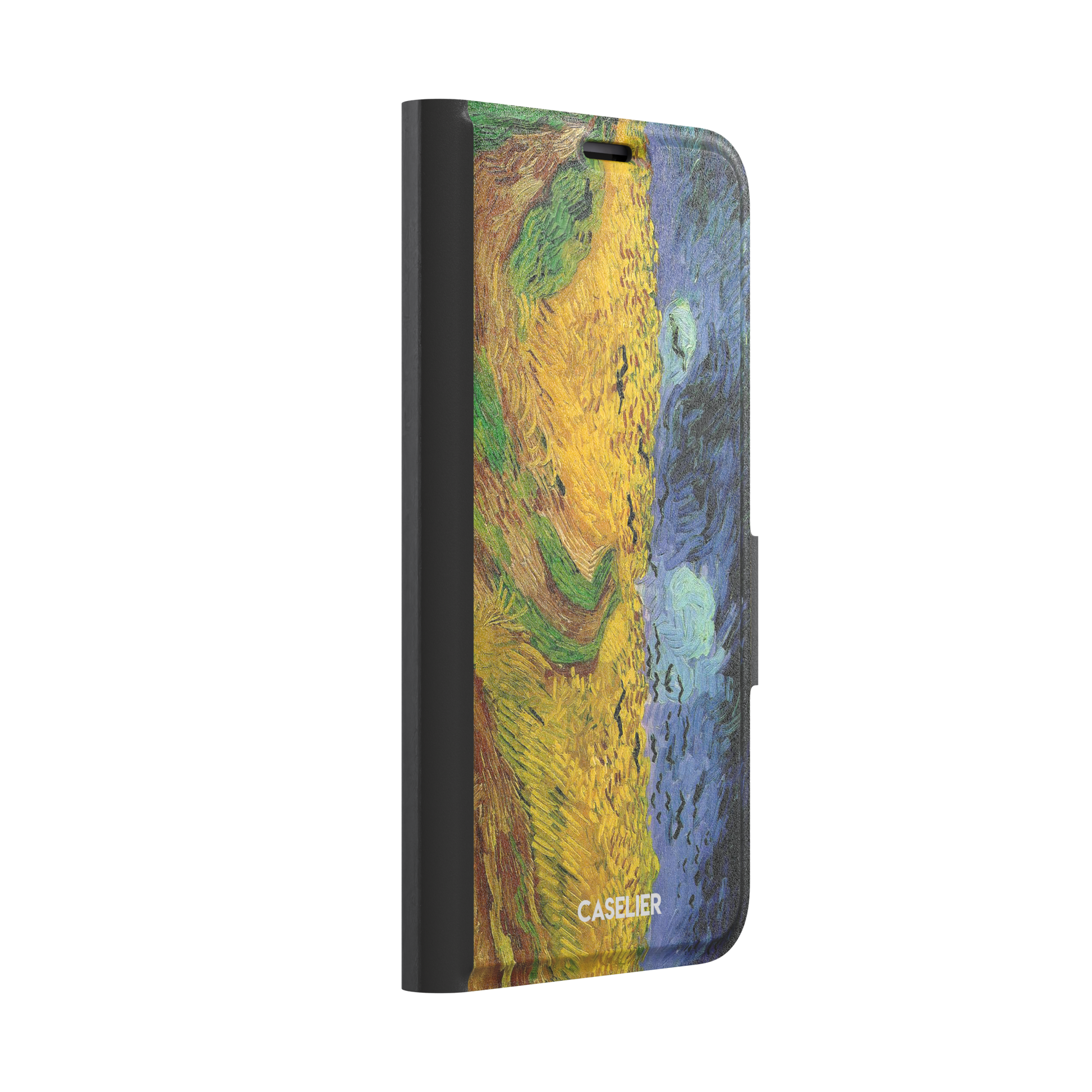 Wheatfields with Crows by Vincent van Gogh phone case showing golden wheat fields, swirling indigo sky and scattered crows in thick impasto brushwork, phone case by Caselier — wallet case, left view