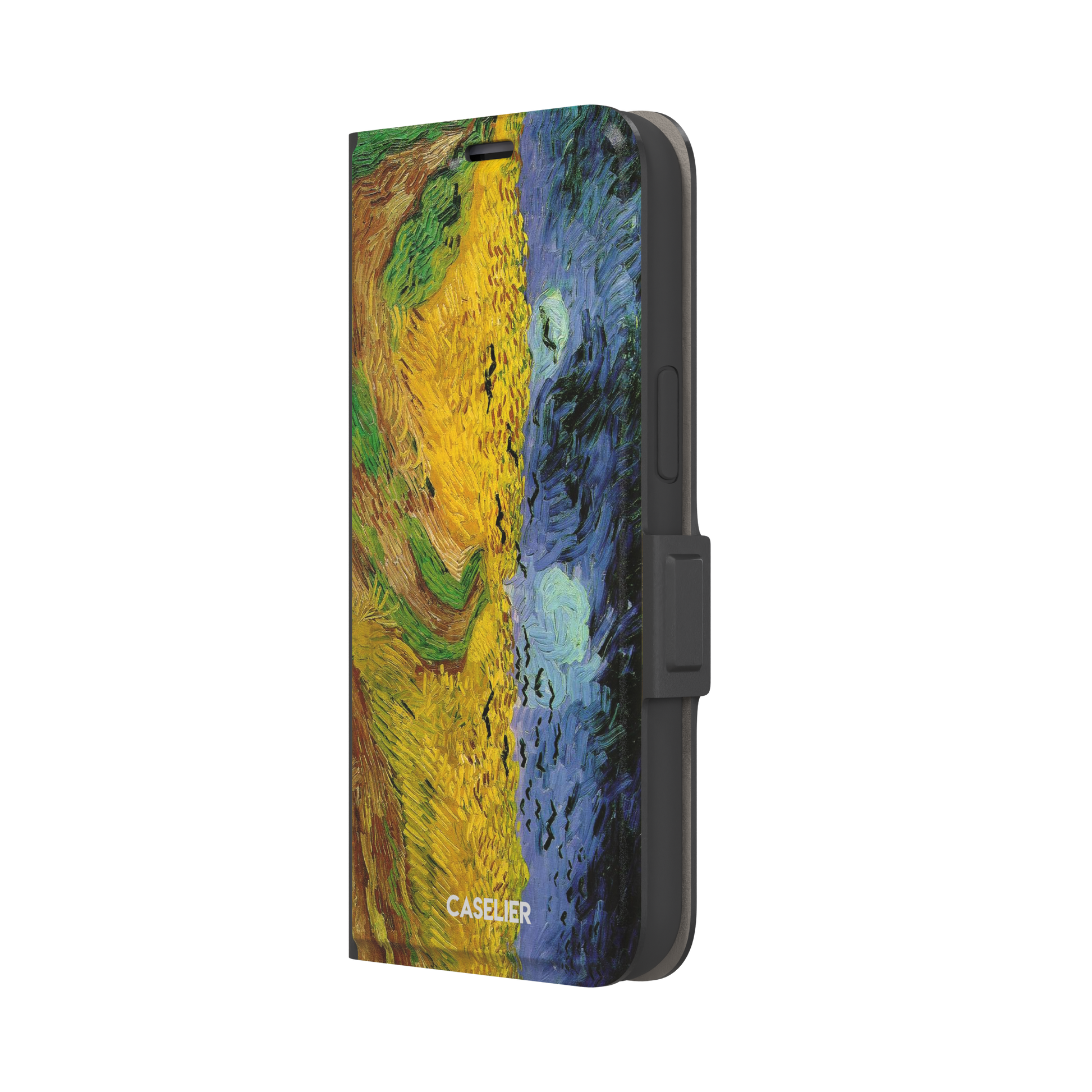 Wheatfields with Crows by Vincent van Gogh phone case showing golden wheat fields, swirling indigo sky and scattered crows in thick impasto brushwork, phone case by Caselier — wallet case, right view