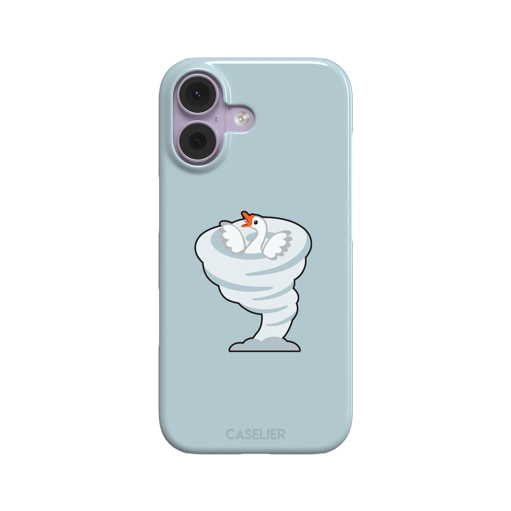 Whirlgoose phone case featuring a cartoon white goose riding a swirling tornado on a powder-blue background, phone case by Caselier — snap case, front view