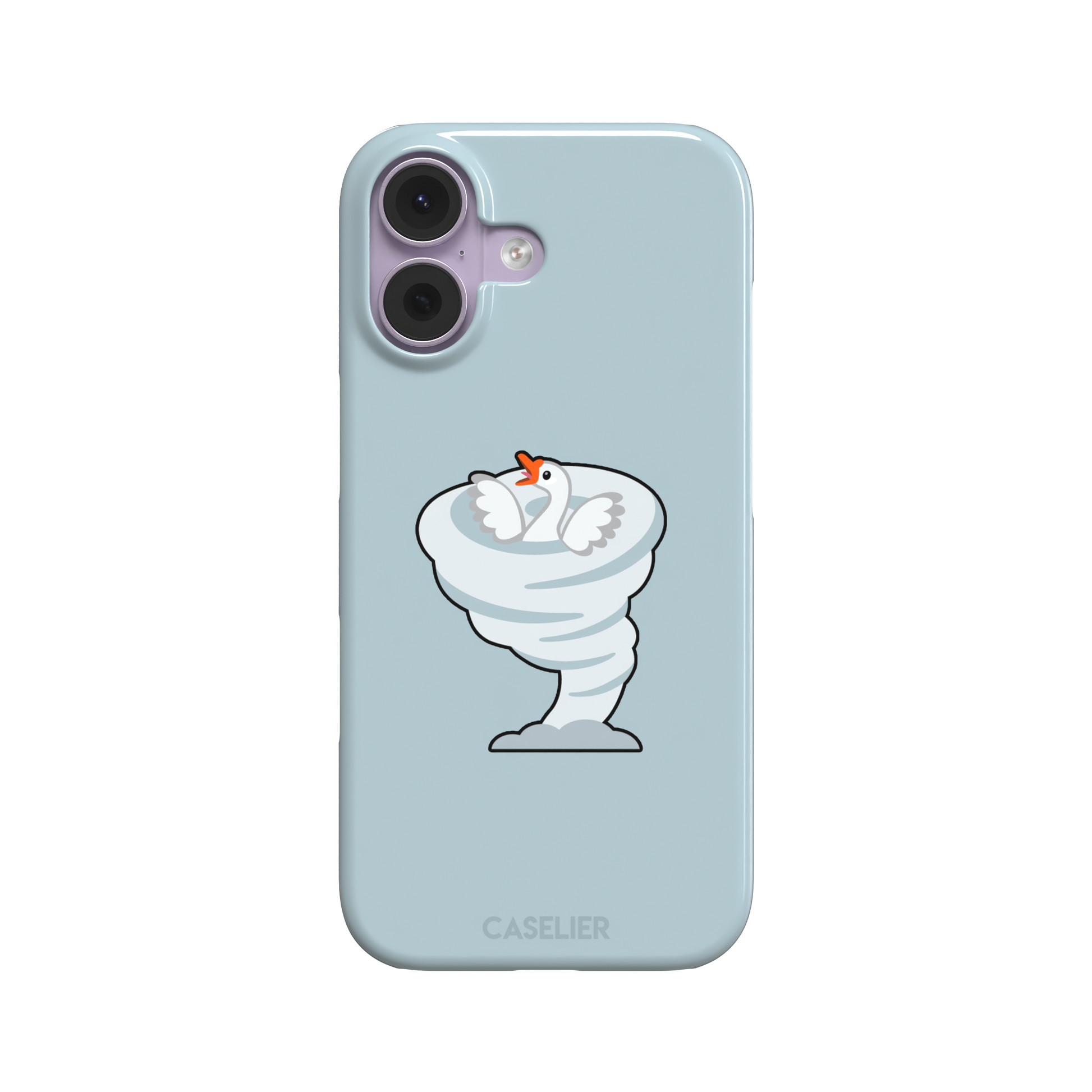 Whirlgoose phone case featuring a cartoon white goose riding a swirling tornado on a powder-blue background, phone case by Caselier — snap case, front view