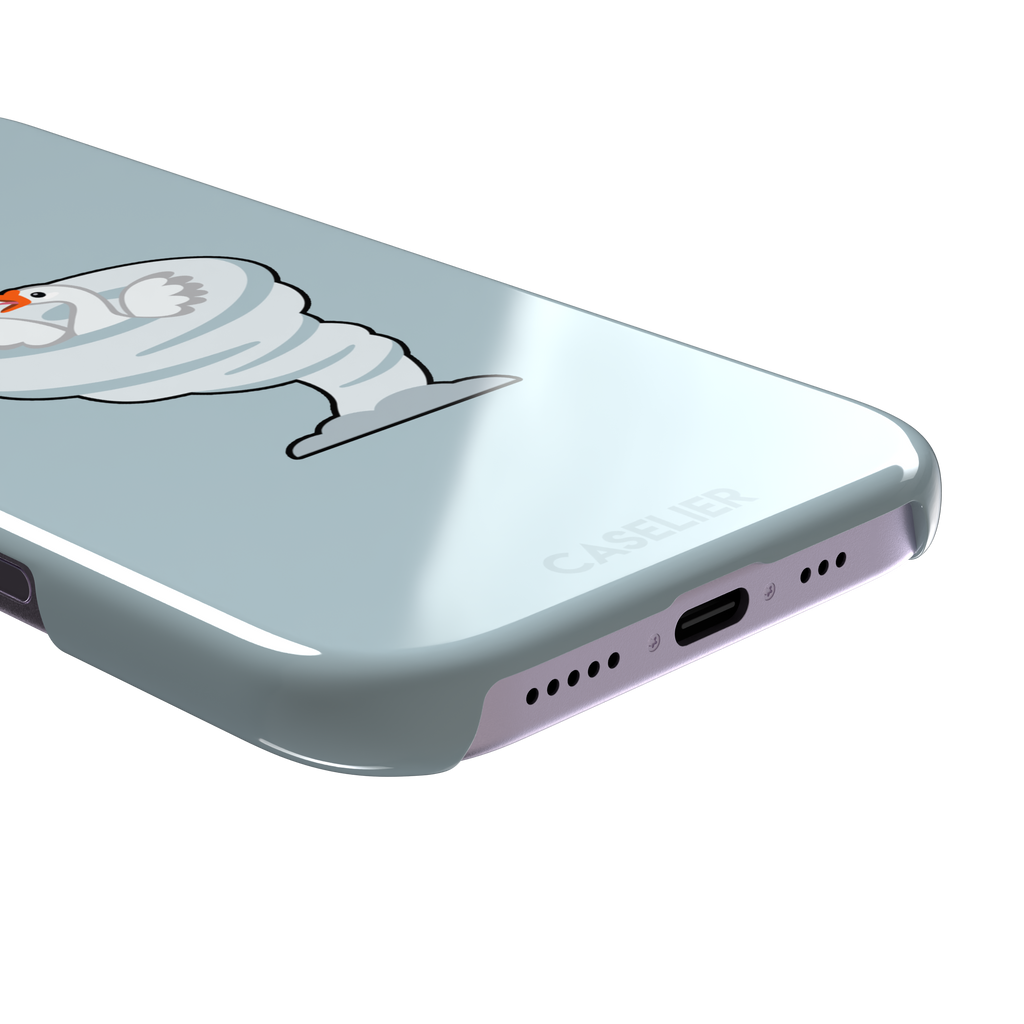 Whirlgoose phone case featuring a cartoon white goose riding a swirling tornado on a powder-blue background, phone case by Caselier — snap case, charging port detail