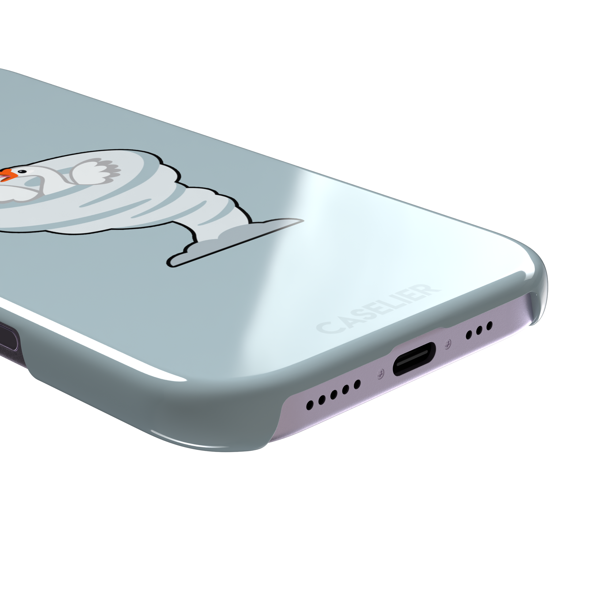 Whirlgoose phone case featuring a cartoon white goose riding a swirling tornado on a powder-blue background, phone case by Caselier — snap case, charging port detail