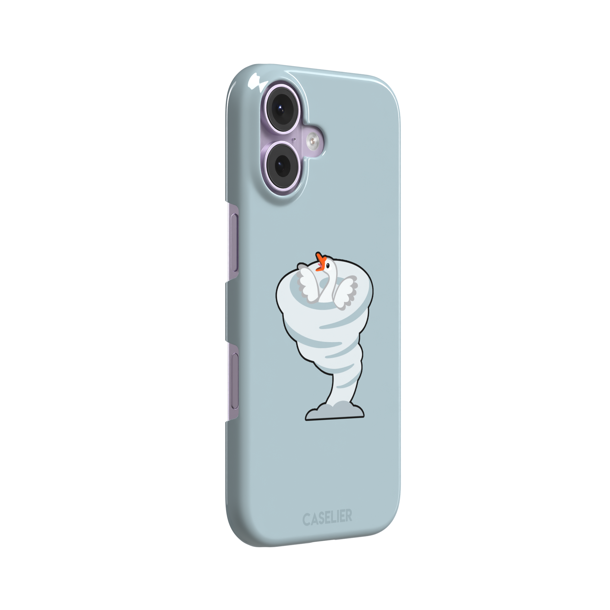 Whirlgoose phone case featuring a cartoon white goose riding a swirling tornado on a powder-blue background, phone case by Caselier — snap case, left view