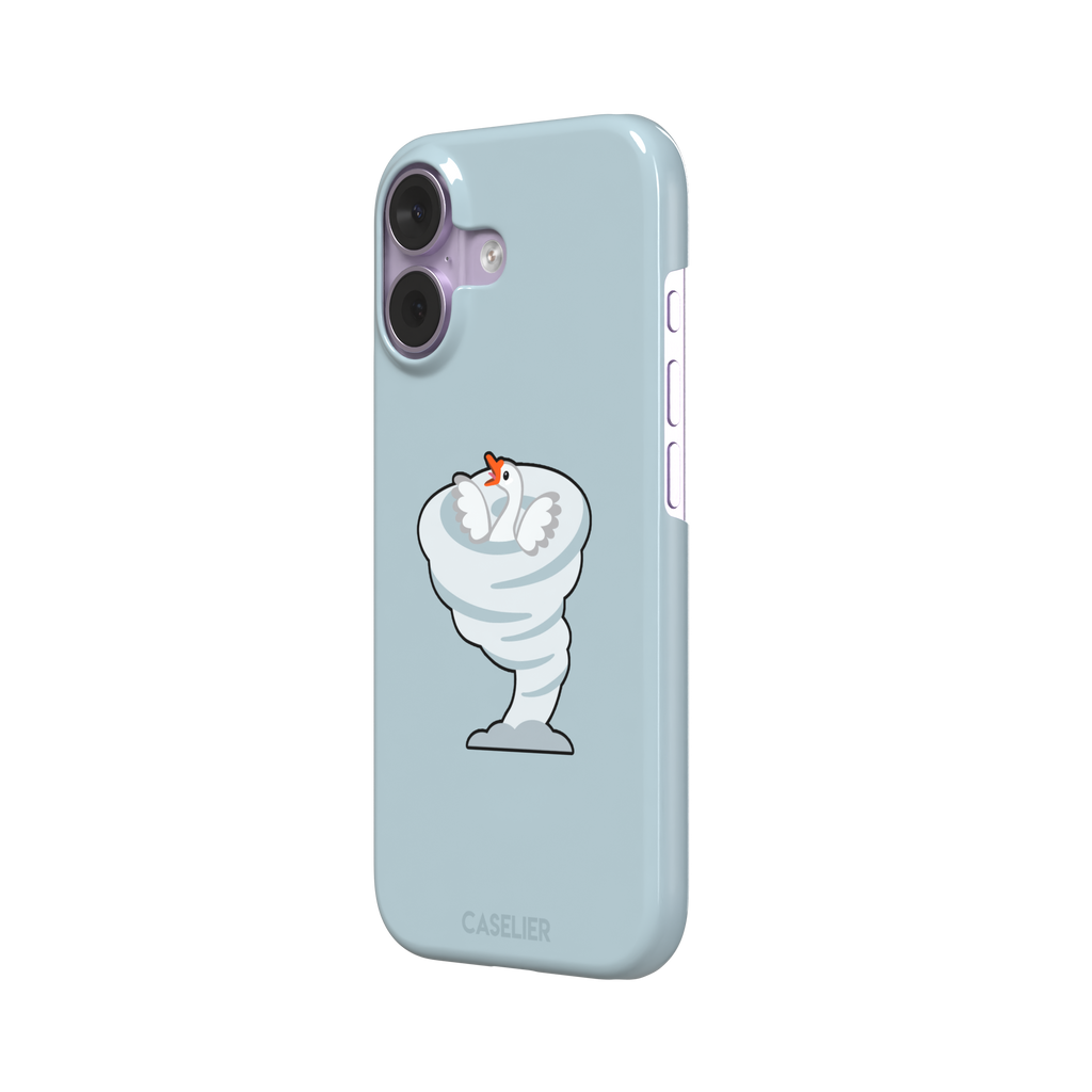 Whirlgoose phone case featuring a cartoon white goose riding a swirling tornado on a powder-blue background, phone case by Caselier — snap case, right view