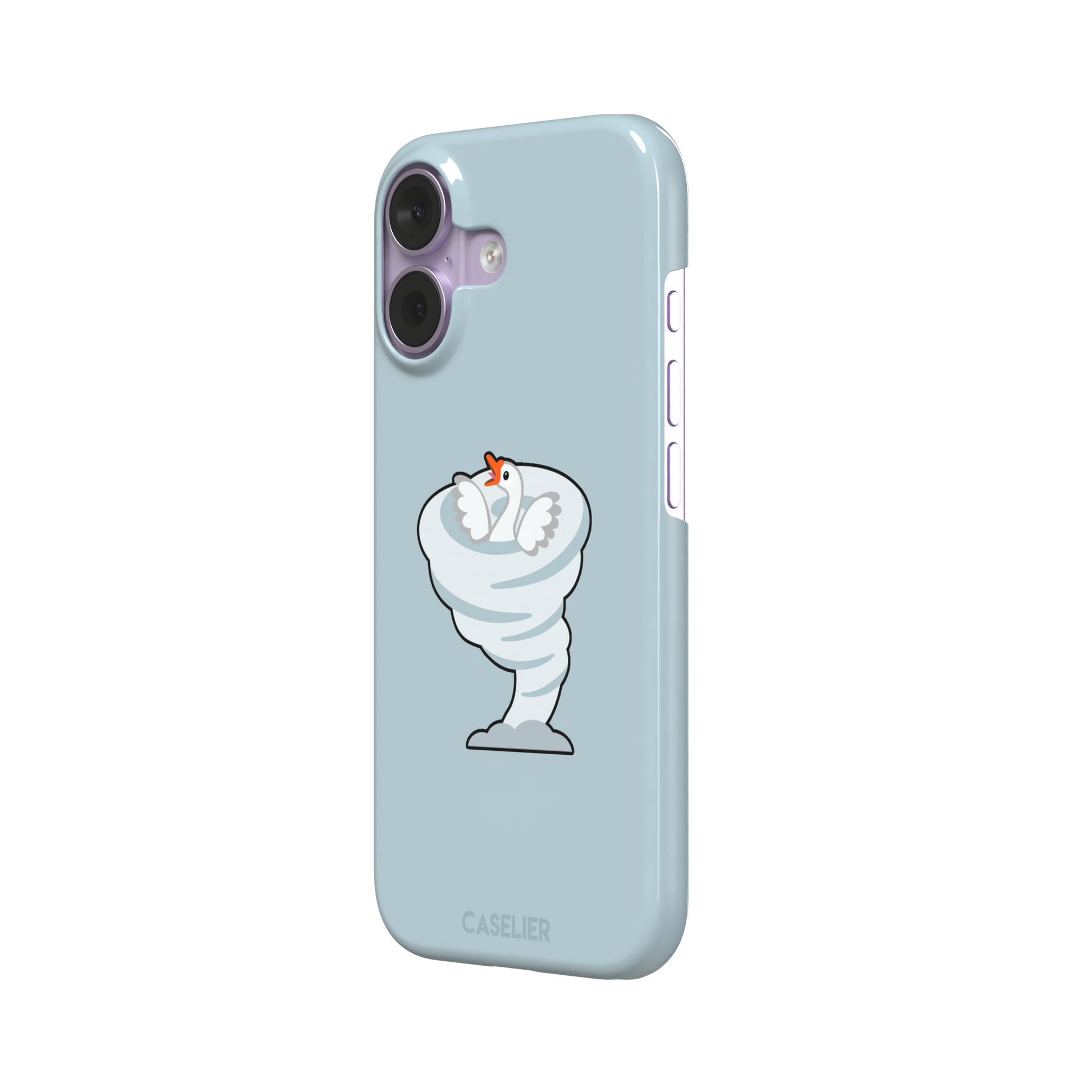Whirlgoose phone case featuring a cartoon white goose riding a swirling tornado on a powder-blue background, phone case by Caselier — snap case, right view