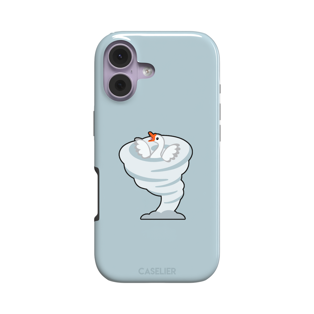 Whirlgoose phone case featuring a cartoon white goose riding a swirling tornado on a powder-blue background, phone case by Caselier — tough case, front view