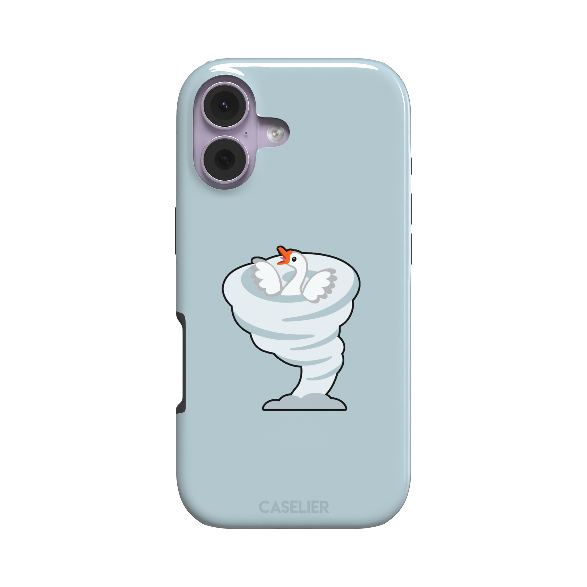 Whirlgoose phone case featuring a cartoon white goose riding a swirling tornado on a powder-blue background, phone case by Caselier — tough case, front view