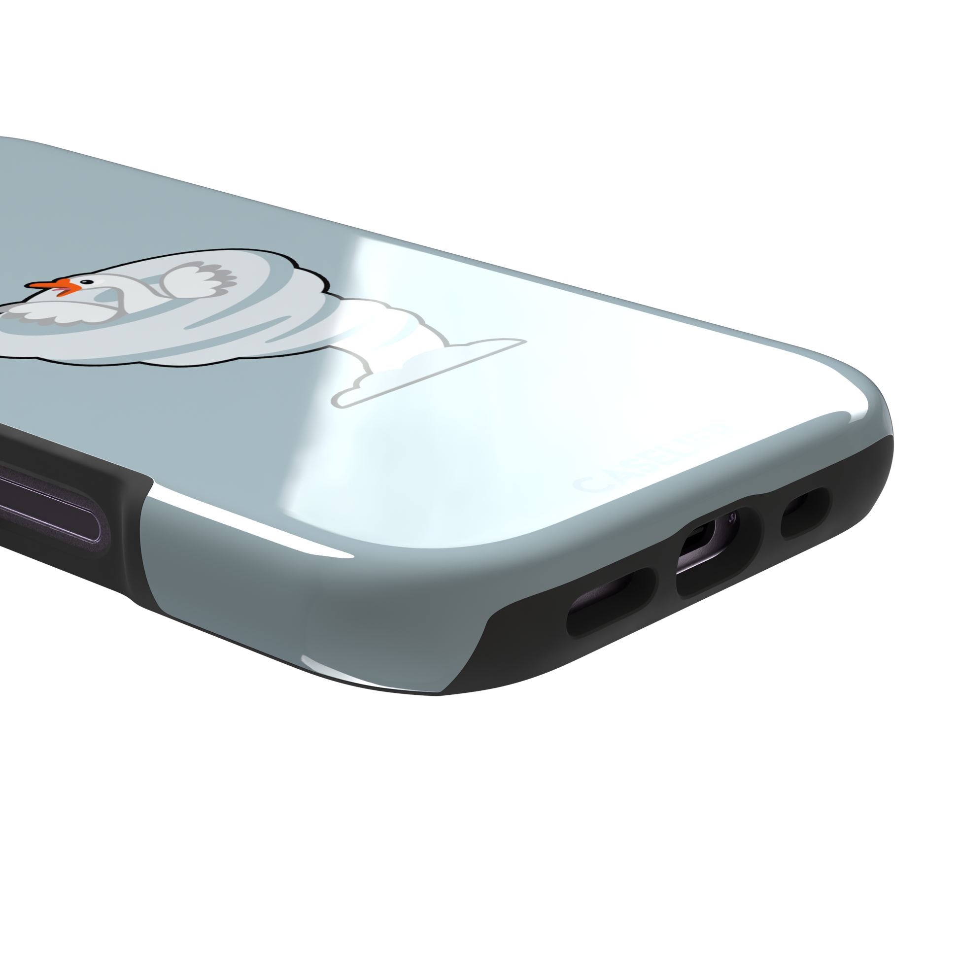 Whirlgoose phone case featuring a cartoon white goose riding a swirling tornado on a powder-blue background, phone case by Caselier — tough case, charging port detail