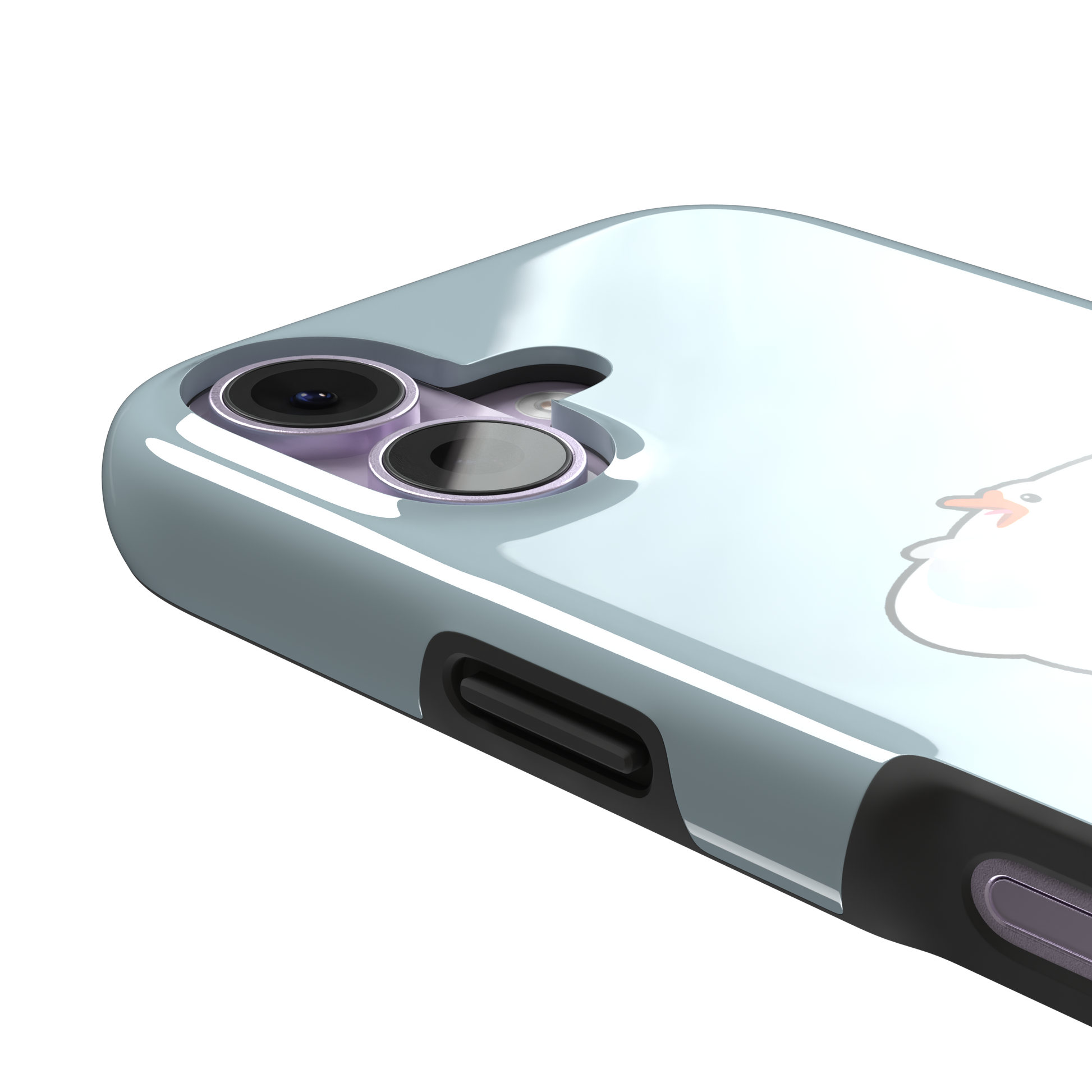 Whirlgoose phone case featuring a cartoon white goose riding a swirling tornado on a powder-blue background, phone case by Caselier — tough case, volume buttons detail