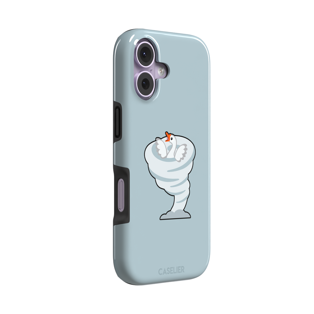 Whirlgoose phone case featuring a cartoon white goose riding a swirling tornado on a powder-blue background, phone case by Caselier — tough case, left view