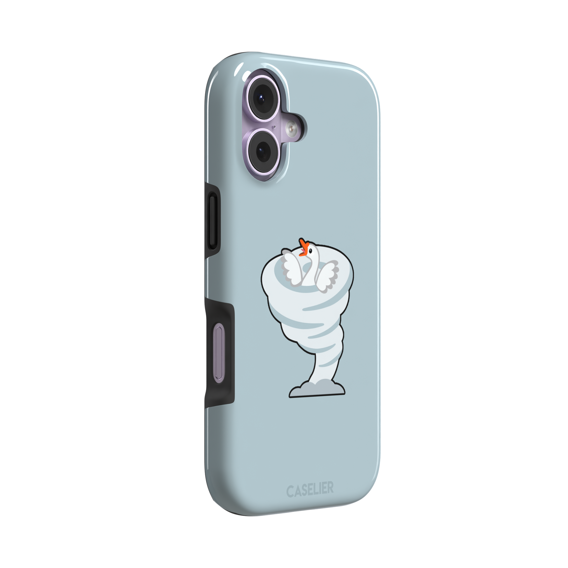 Whirlgoose phone case featuring a cartoon white goose riding a swirling tornado on a powder-blue background, phone case by Caselier — tough case, left view