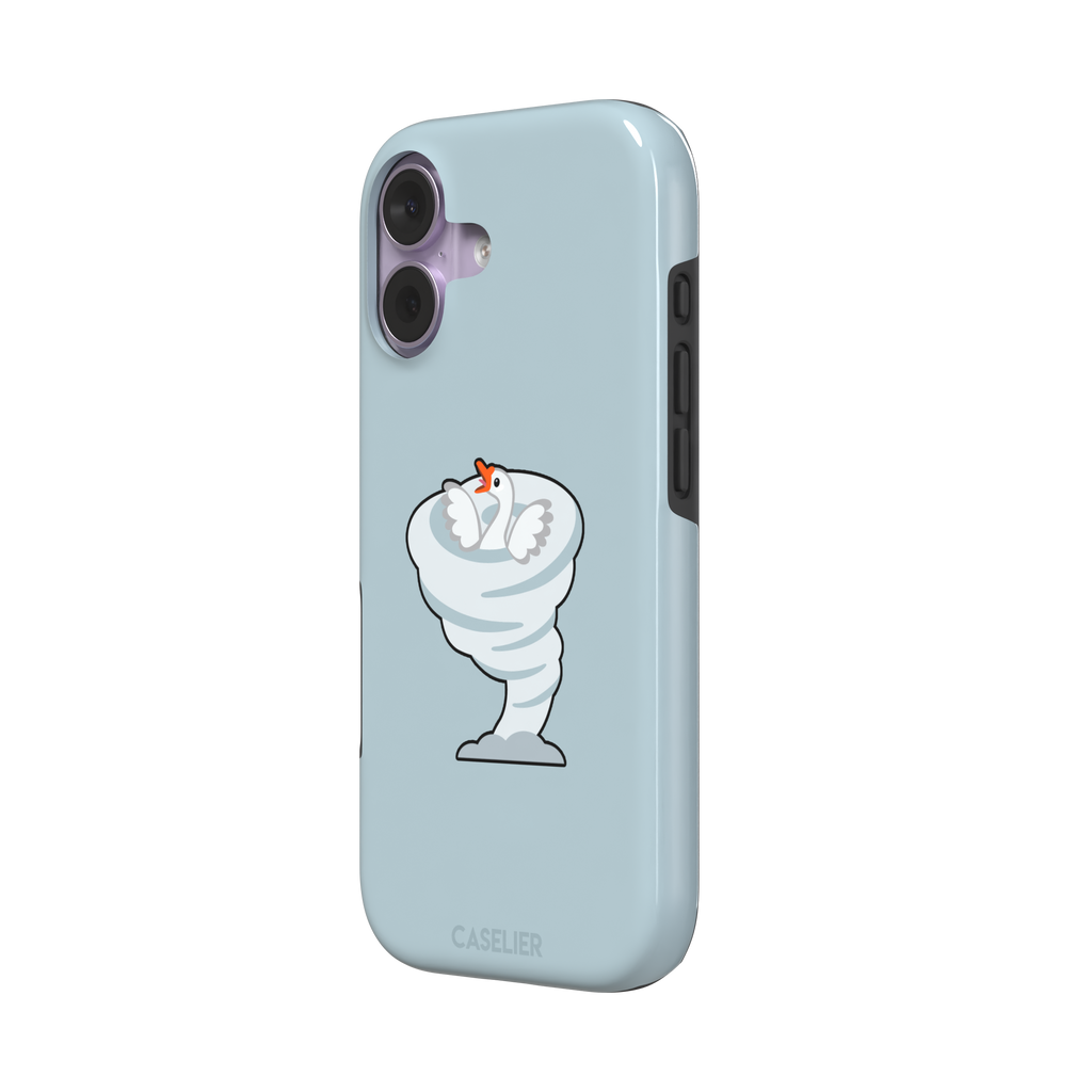 Whirlgoose phone case featuring a cartoon white goose riding a swirling tornado on a powder-blue background, phone case by Caselier — tough case, right view