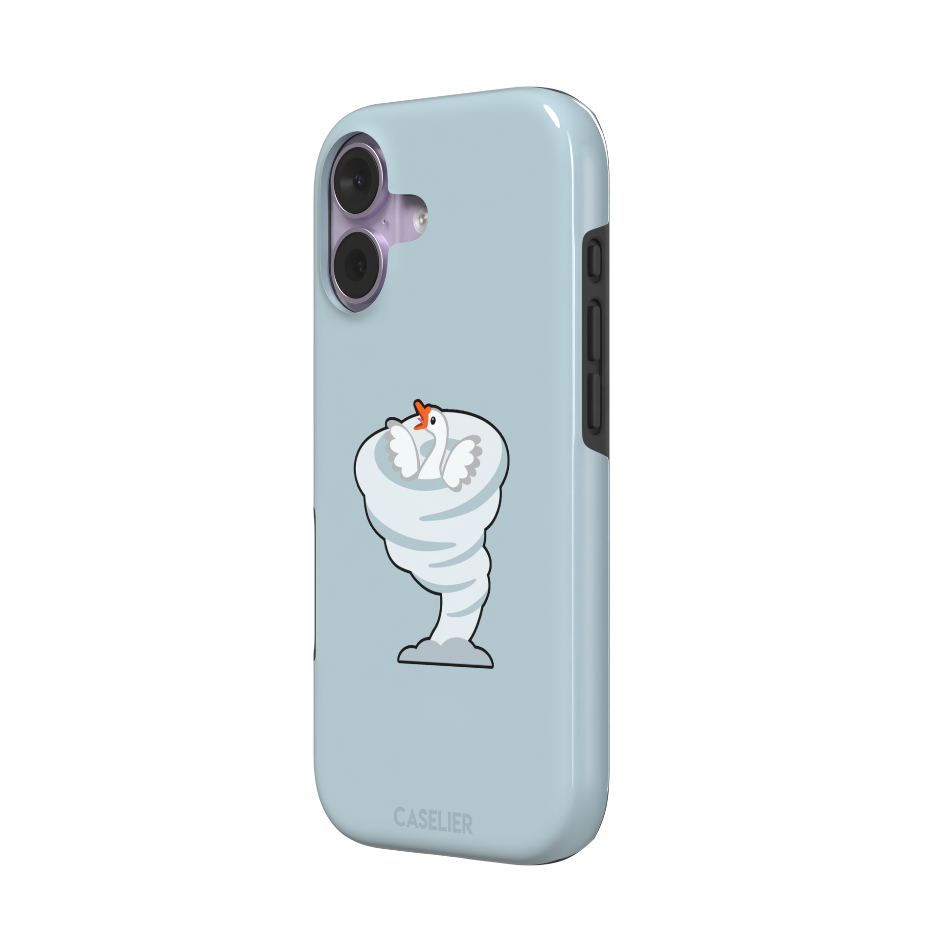 Whirlgoose phone case featuring a cartoon white goose riding a swirling tornado on a powder-blue background, phone case by Caselier — tough case, right view
