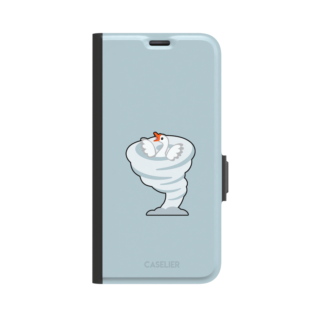 Whirlgoose phone case featuring a cartoon white goose riding a swirling tornado on a powder-blue background, phone case by Caselier — wallet case, front view