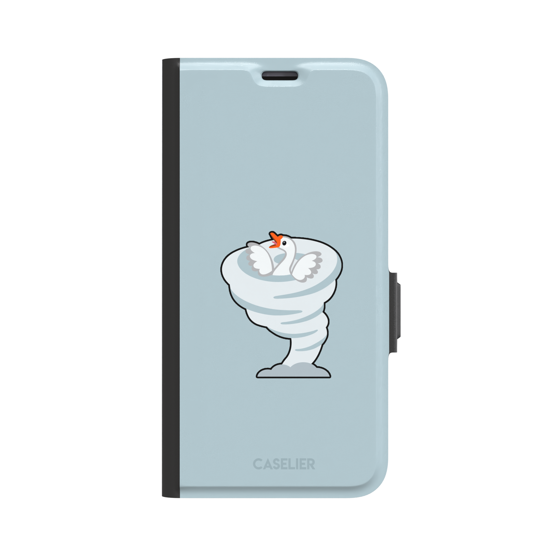 Whirlgoose phone case featuring a cartoon white goose riding a swirling tornado on a powder-blue background, phone case by Caselier — wallet case, front view