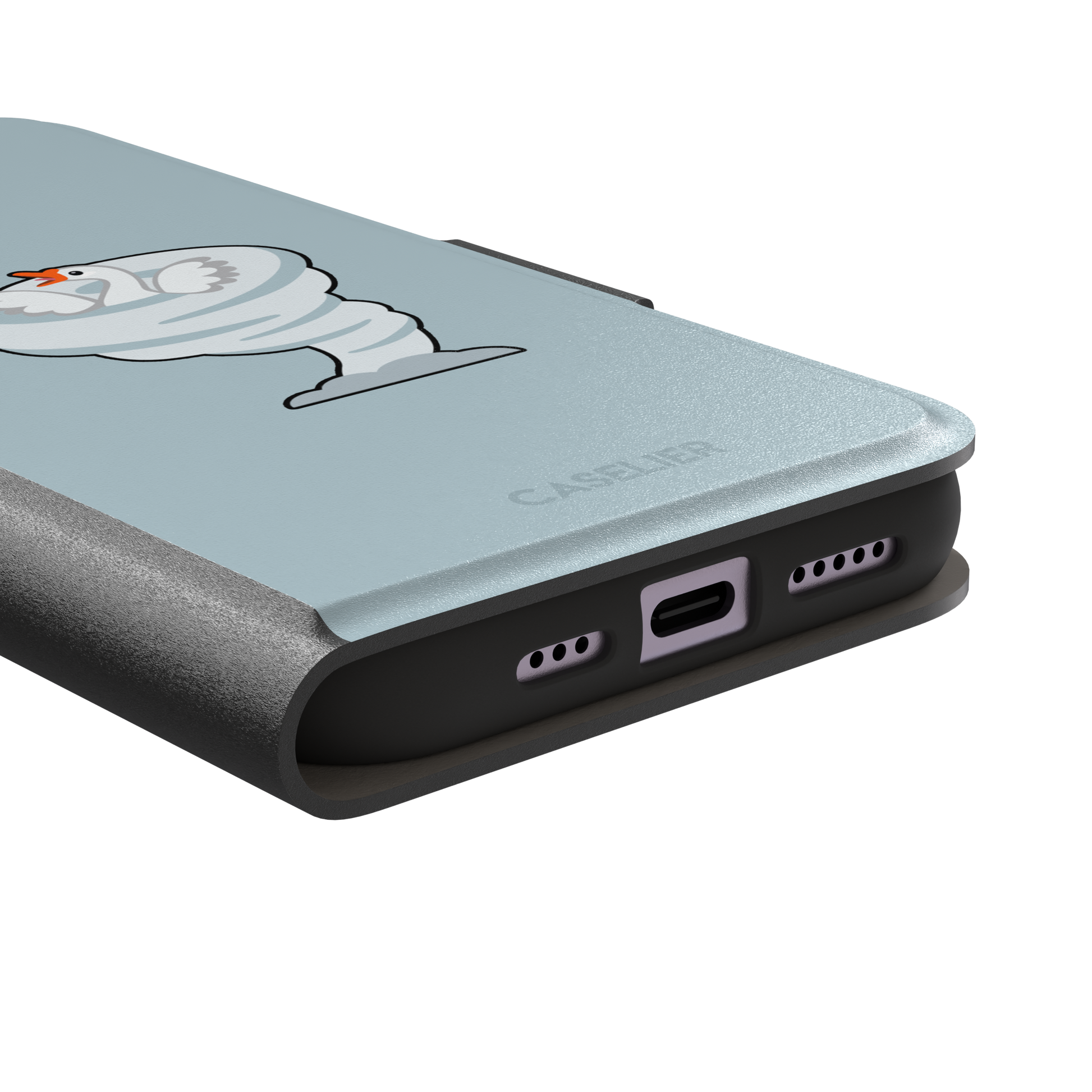 Whirlgoose phone case featuring a cartoon white goose riding a swirling tornado on a powder-blue background, phone case by Caselier — wallet case, charging port detail