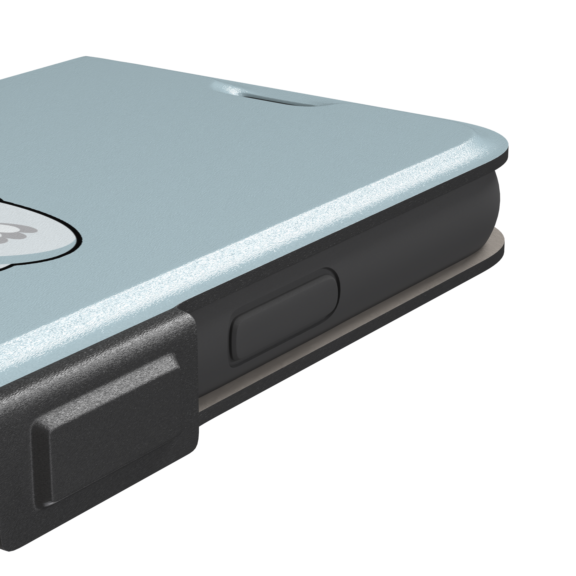 Whirlgoose phone case featuring a cartoon white goose riding a swirling tornado on a powder-blue background, phone case by Caselier — wallet case, volume buttons detail