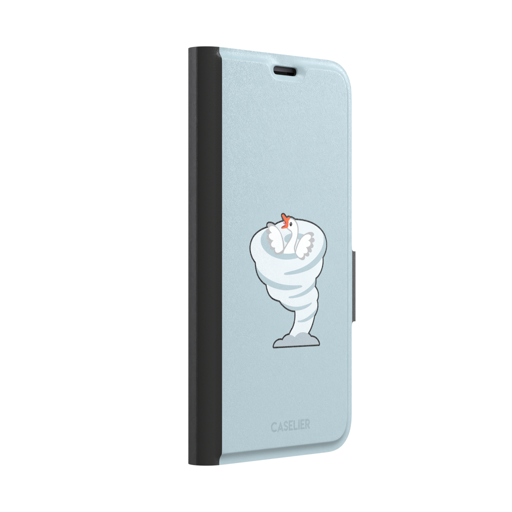 Whirlgoose phone case featuring a cartoon white goose riding a swirling tornado on a powder-blue background, phone case by Caselier — wallet case, left view