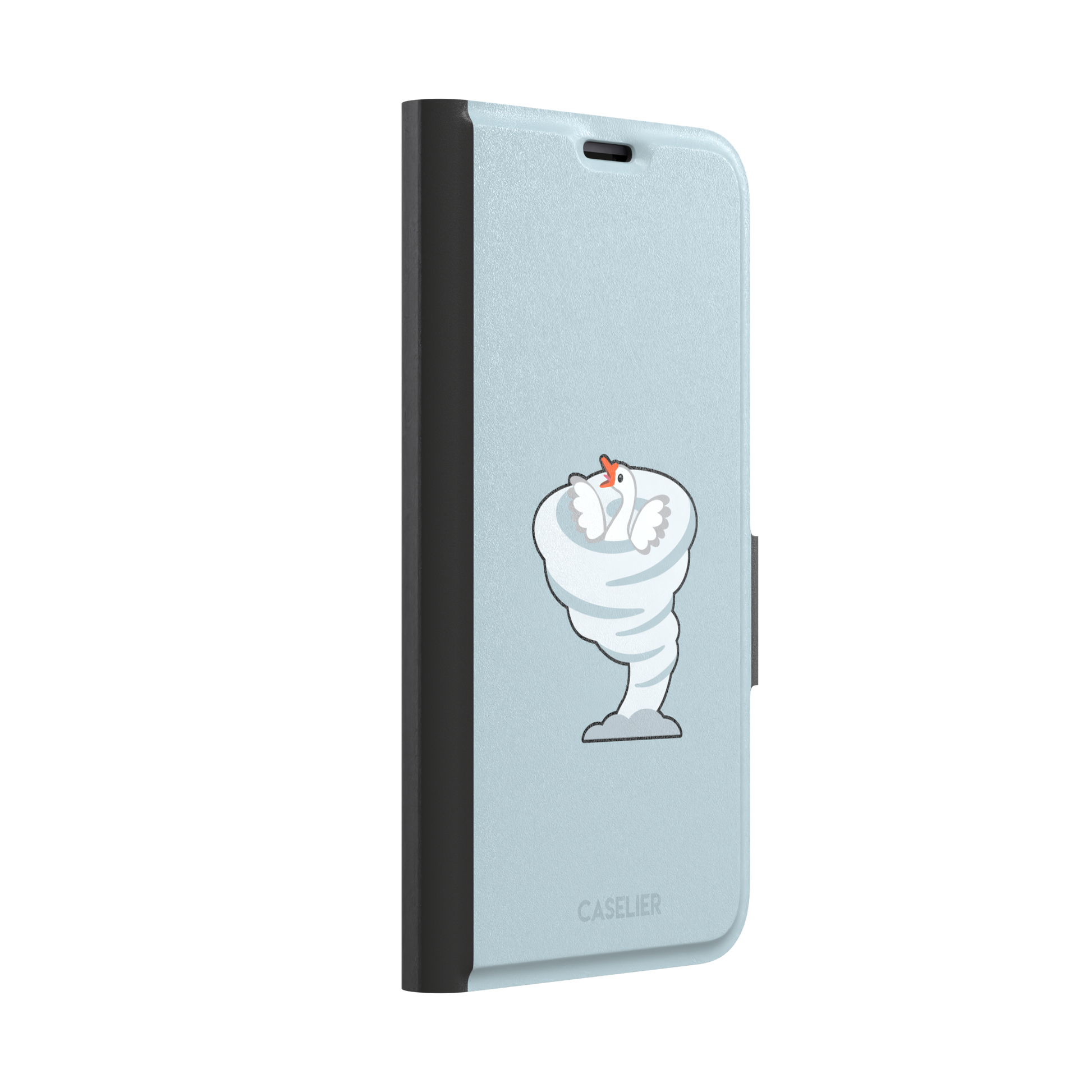 Whirlgoose phone case featuring a cartoon white goose riding a swirling tornado on a powder-blue background, phone case by Caselier — wallet case, left view