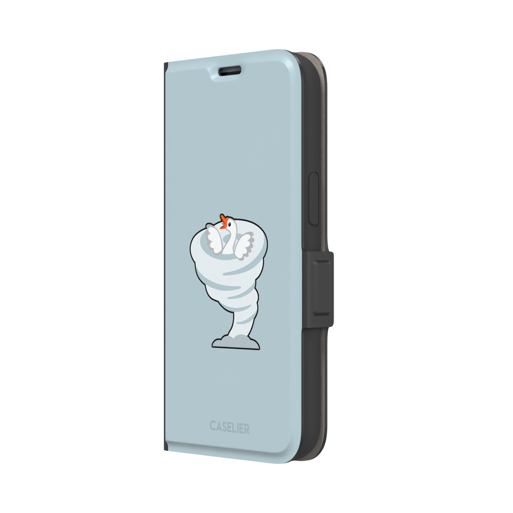 Whirlgoose phone case featuring a cartoon white goose riding a swirling tornado on a powder-blue background, phone case by Caselier — wallet case, right view
