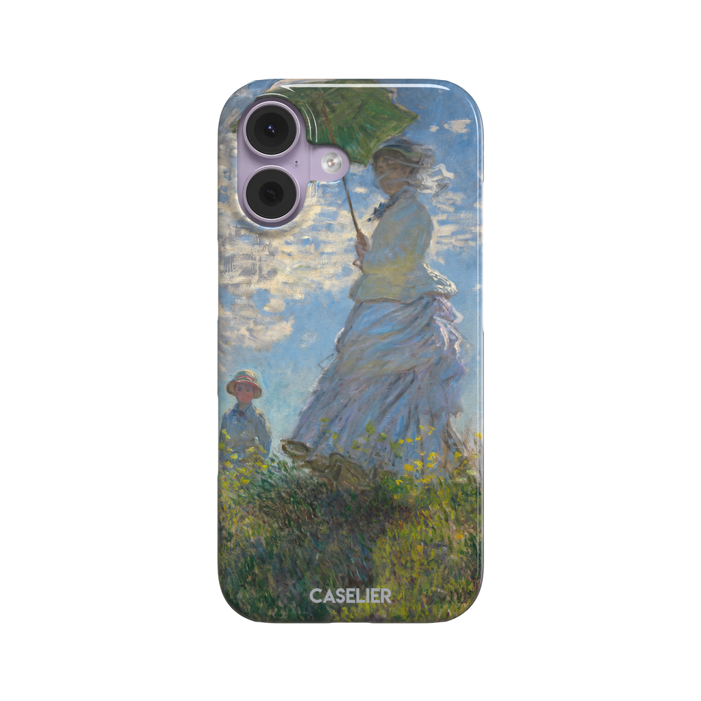 Woman with a Parasol by Claude Monet, showing a woman in a lavender dress holding a green parasol against a blue sky with a child in a wildflower field below — snap case, front view