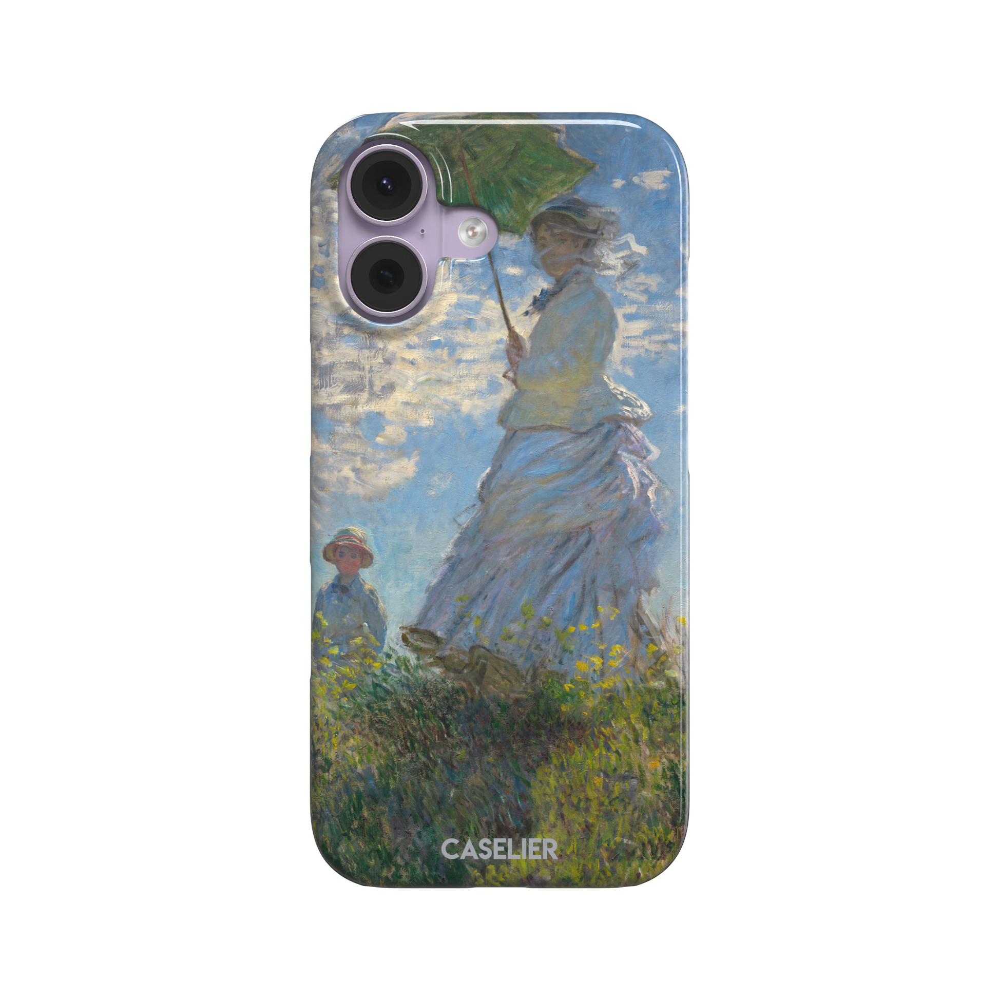 Woman with a Parasol by Claude Monet, showing a woman in a lavender dress holding a green parasol against a blue sky with a child in a wildflower field below — snap case, front view
