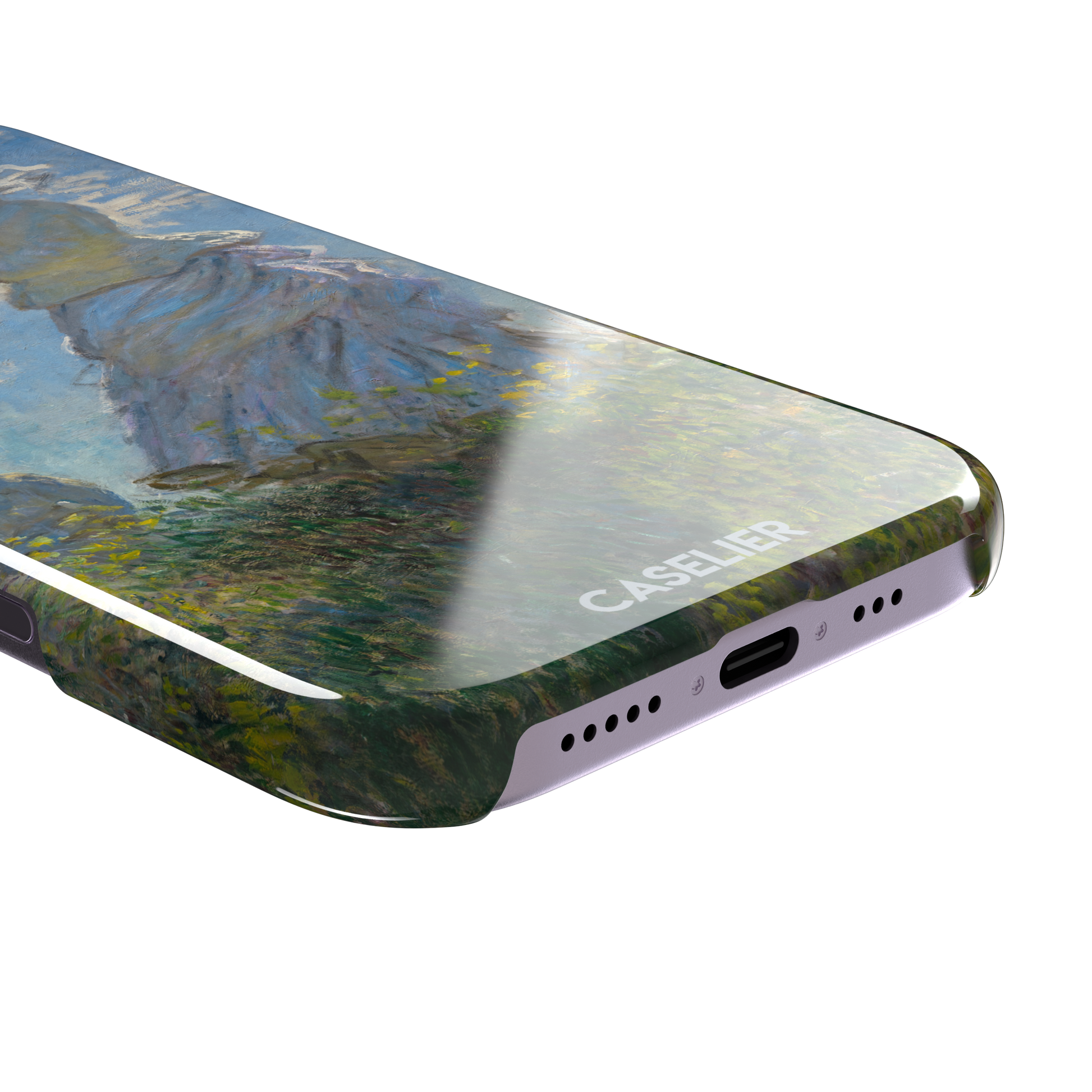 Woman with a Parasol by Claude Monet, showing a woman in a lavender dress holding a green parasol against a blue sky with a child in a wildflower field below — snap case, charging port detail