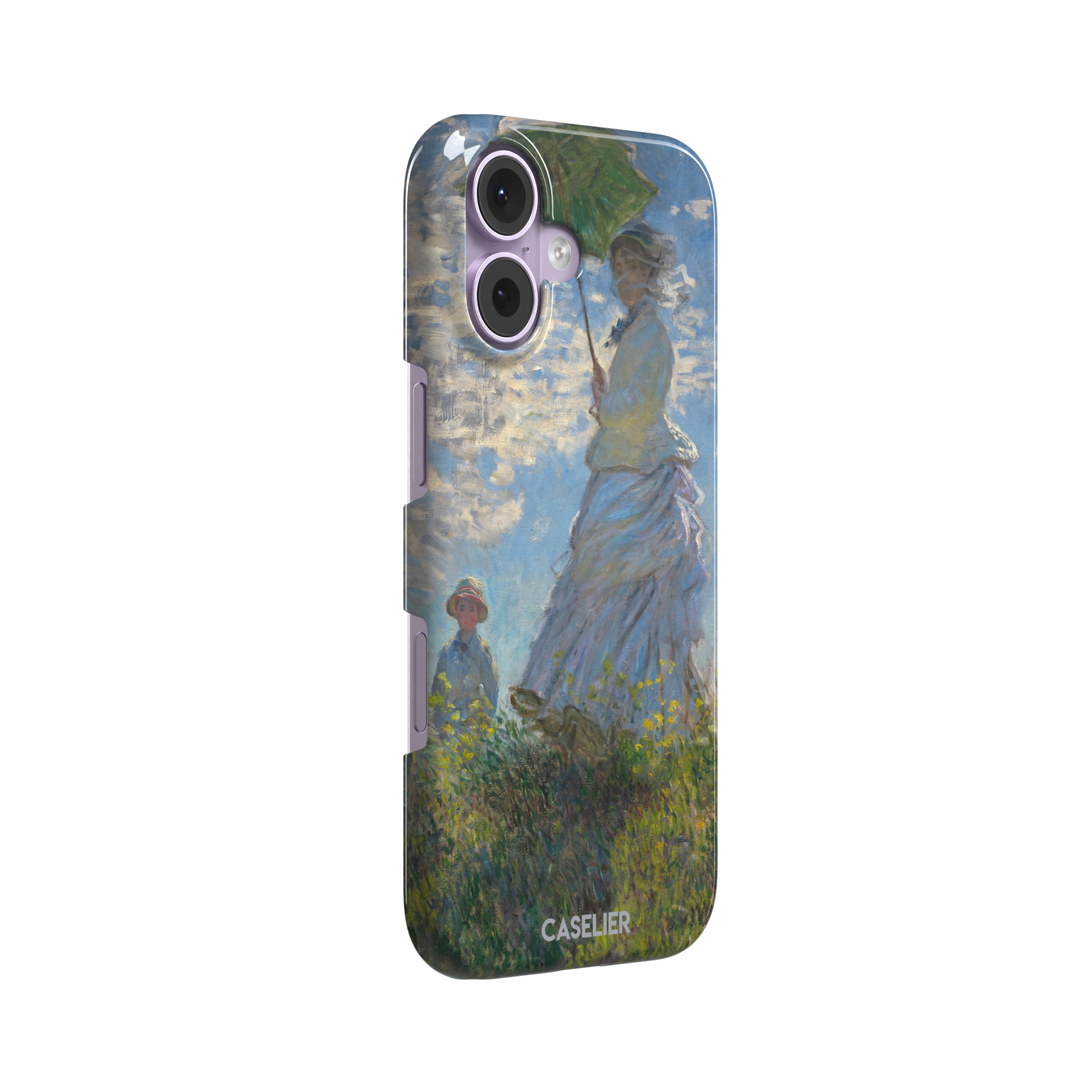 Woman with a Parasol by Claude Monet, showing a woman in a lavender dress holding a green parasol against a blue sky with a child in a wildflower field below — snap case, left view