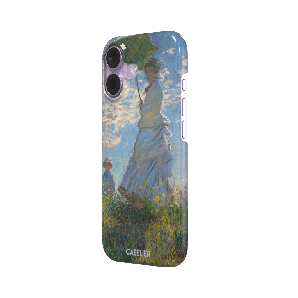 Woman with a Parasol by Claude Monet, showing a woman in a lavender dress holding a green parasol against a blue sky with a child in a wildflower field below — snap case, right view