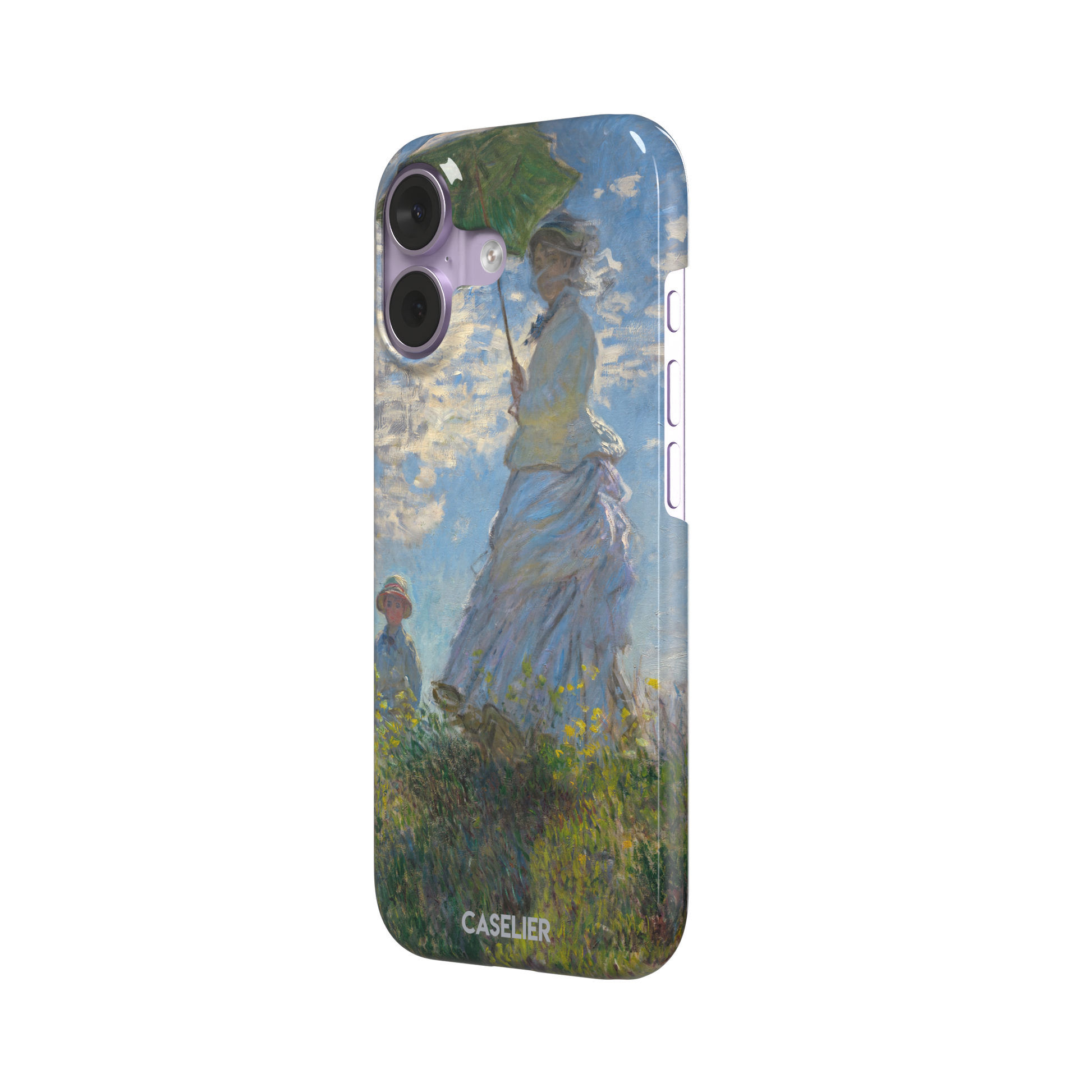 Woman with a Parasol by Claude Monet, showing a woman in a lavender dress holding a green parasol against a blue sky with a child in a wildflower field below — snap case, right view