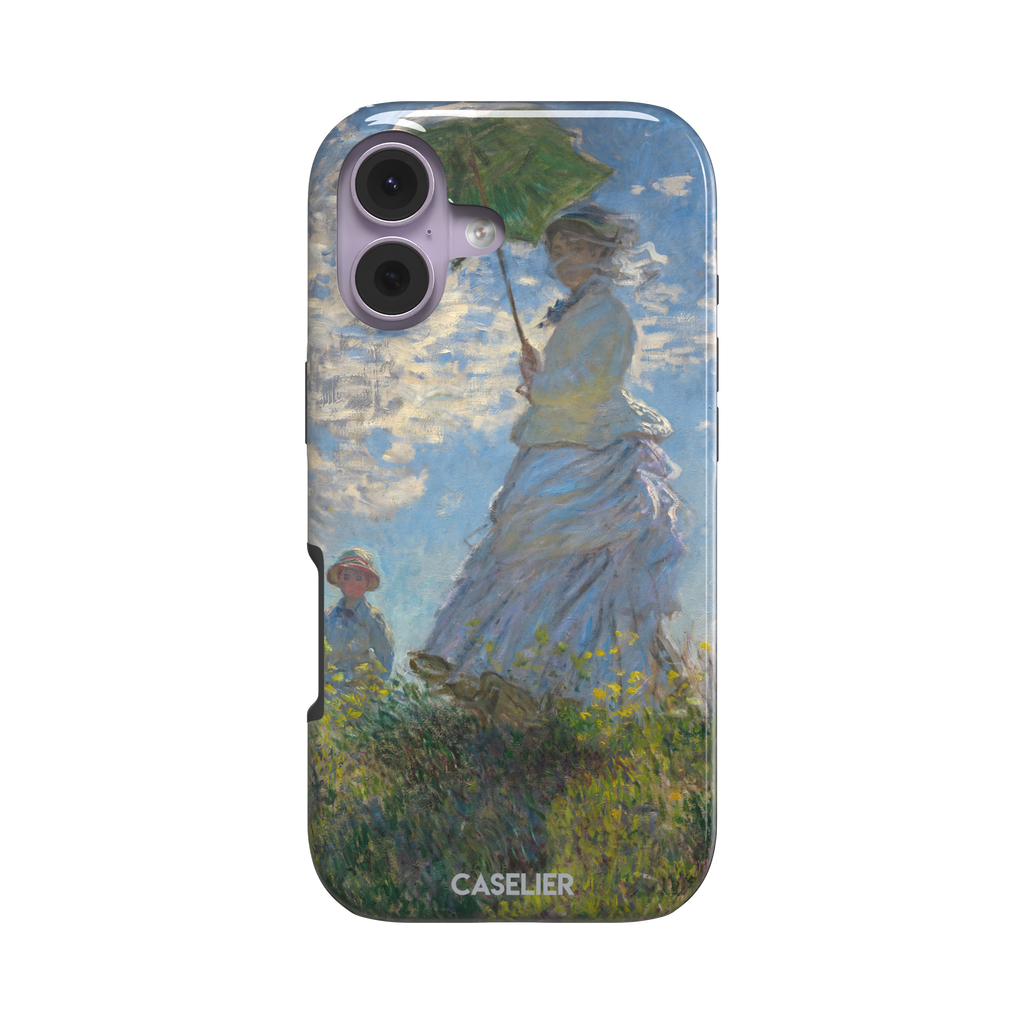 Woman with a Parasol by Claude Monet, showing a woman in a lavender dress holding a green parasol against a blue sky with a child in a wildflower field below — tough case, front view