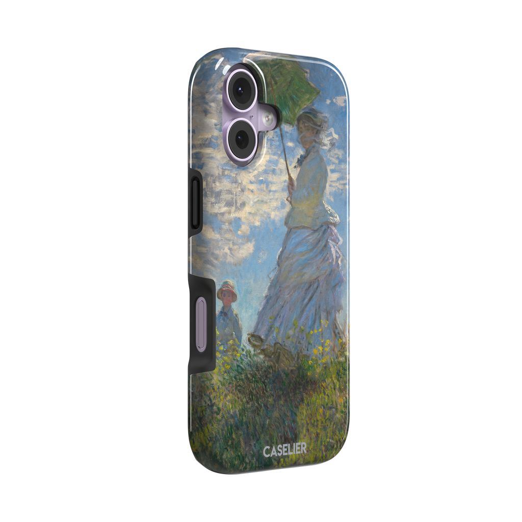 Woman with a Parasol by Claude Monet, showing a woman in a lavender dress holding a green parasol against a blue sky with a child in a wildflower field below — tough case, left view