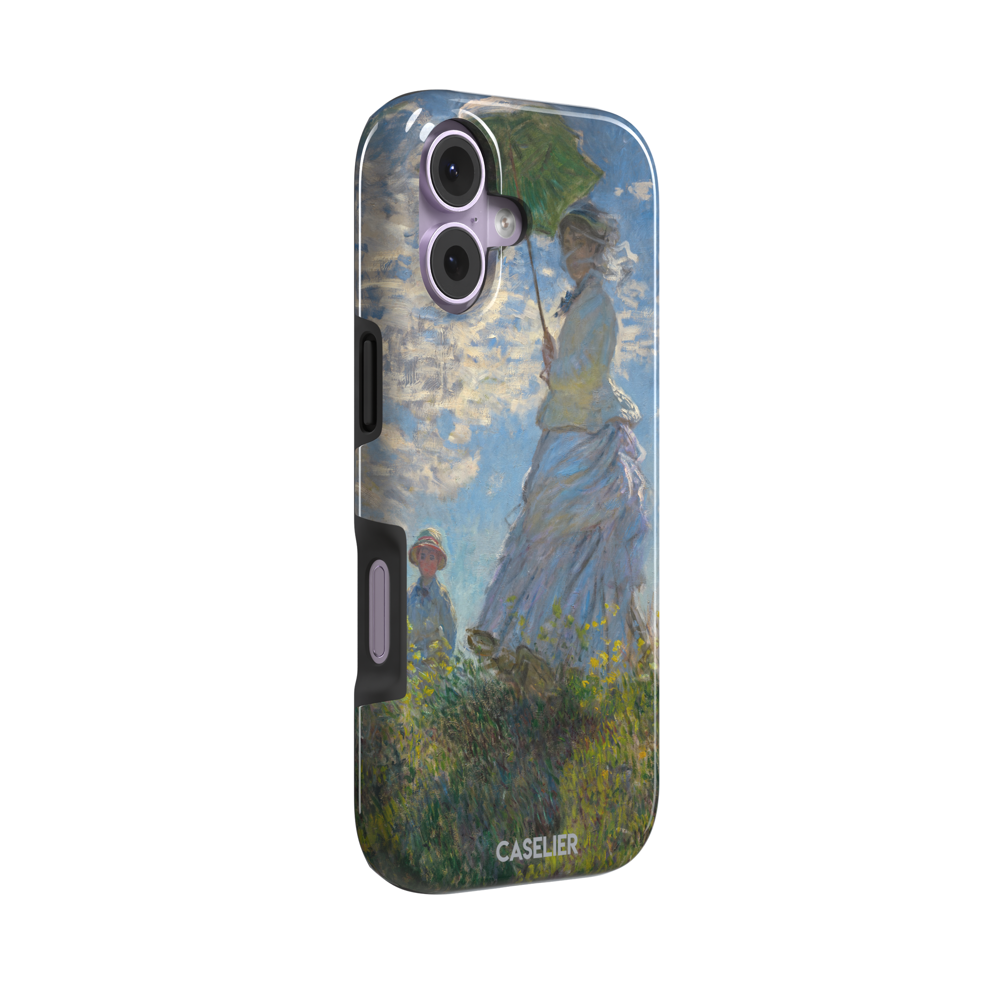 Woman with a Parasol by Claude Monet, showing a woman in a lavender dress holding a green parasol against a blue sky with a child in a wildflower field below — tough case, left view