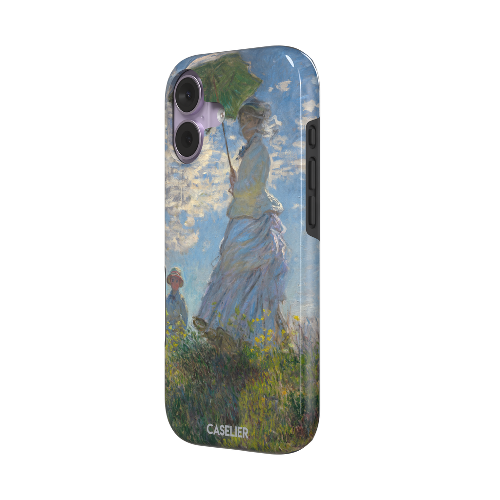 Woman with a Parasol by Claude Monet, showing a woman in a lavender dress holding a green parasol against a blue sky with a child in a wildflower field below — tough case, right view