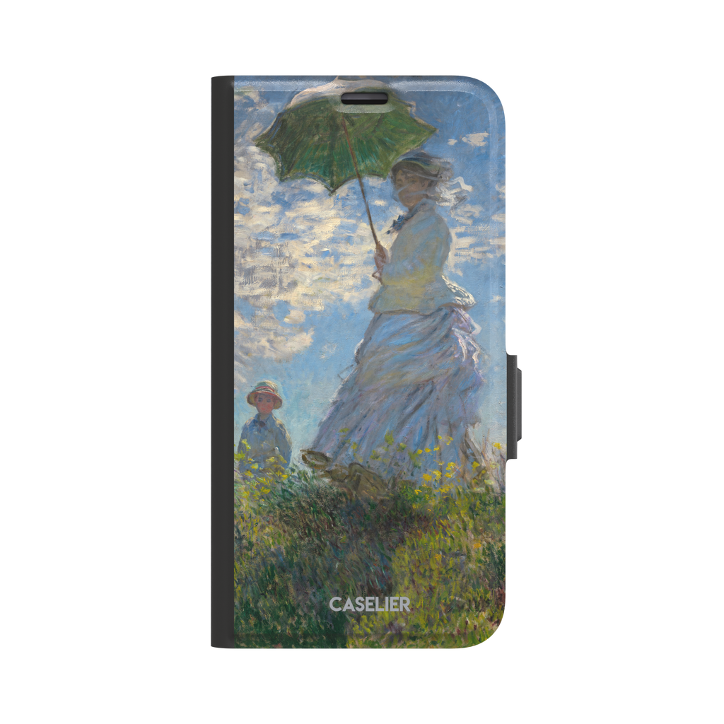 Woman with a Parasol by Claude Monet, showing a woman in a lavender dress holding a green parasol against a blue sky with a child in a wildflower field below — wallet case, front view