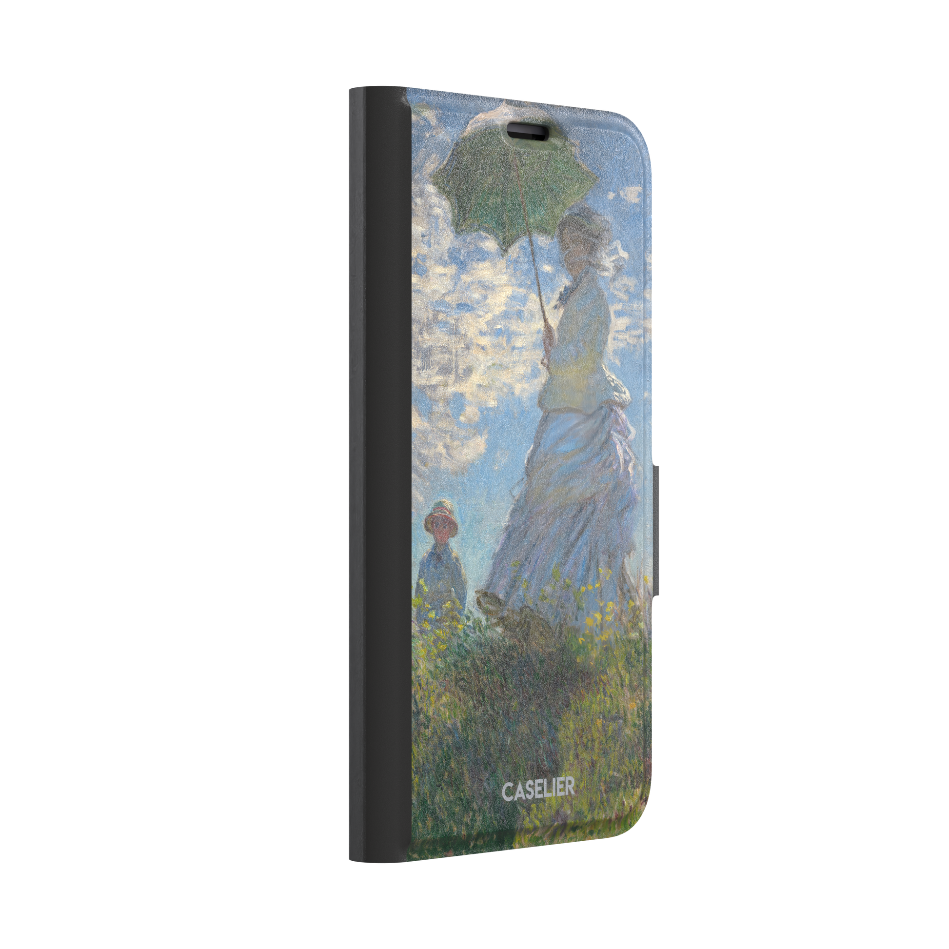 Woman with a Parasol by Claude Monet, showing a woman in a lavender dress holding a green parasol against a blue sky with a child in a wildflower field below — wallet case, left view