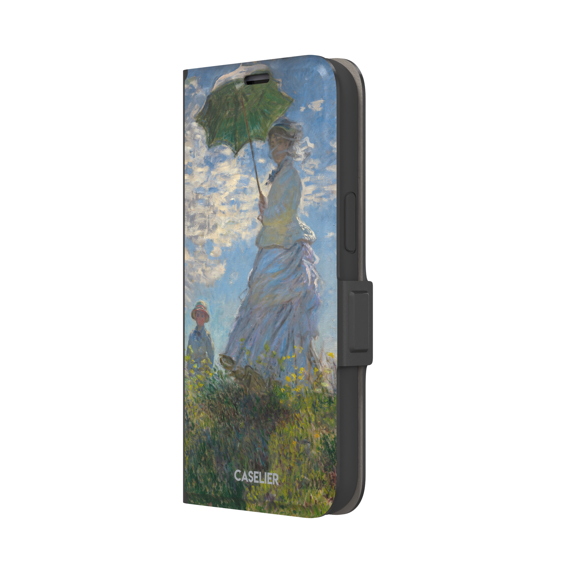 Woman with a Parasol by Claude Monet, showing a woman in a lavender dress holding a green parasol against a blue sky with a child in a wildflower field below — wallet case, right view