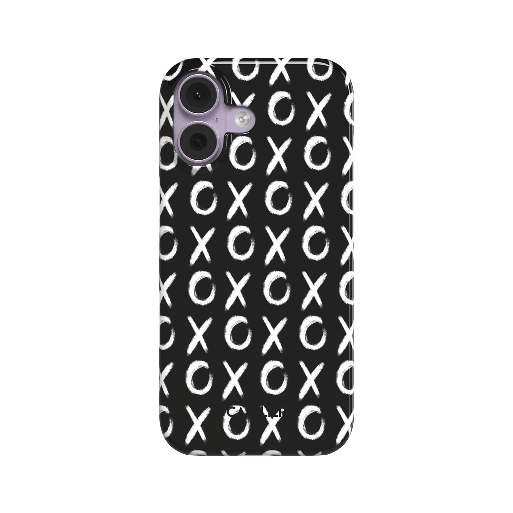 XOXO phone case with hand-brushed white X and O repeat pattern on a black background, rear view, snap case style, phone case by Caselier